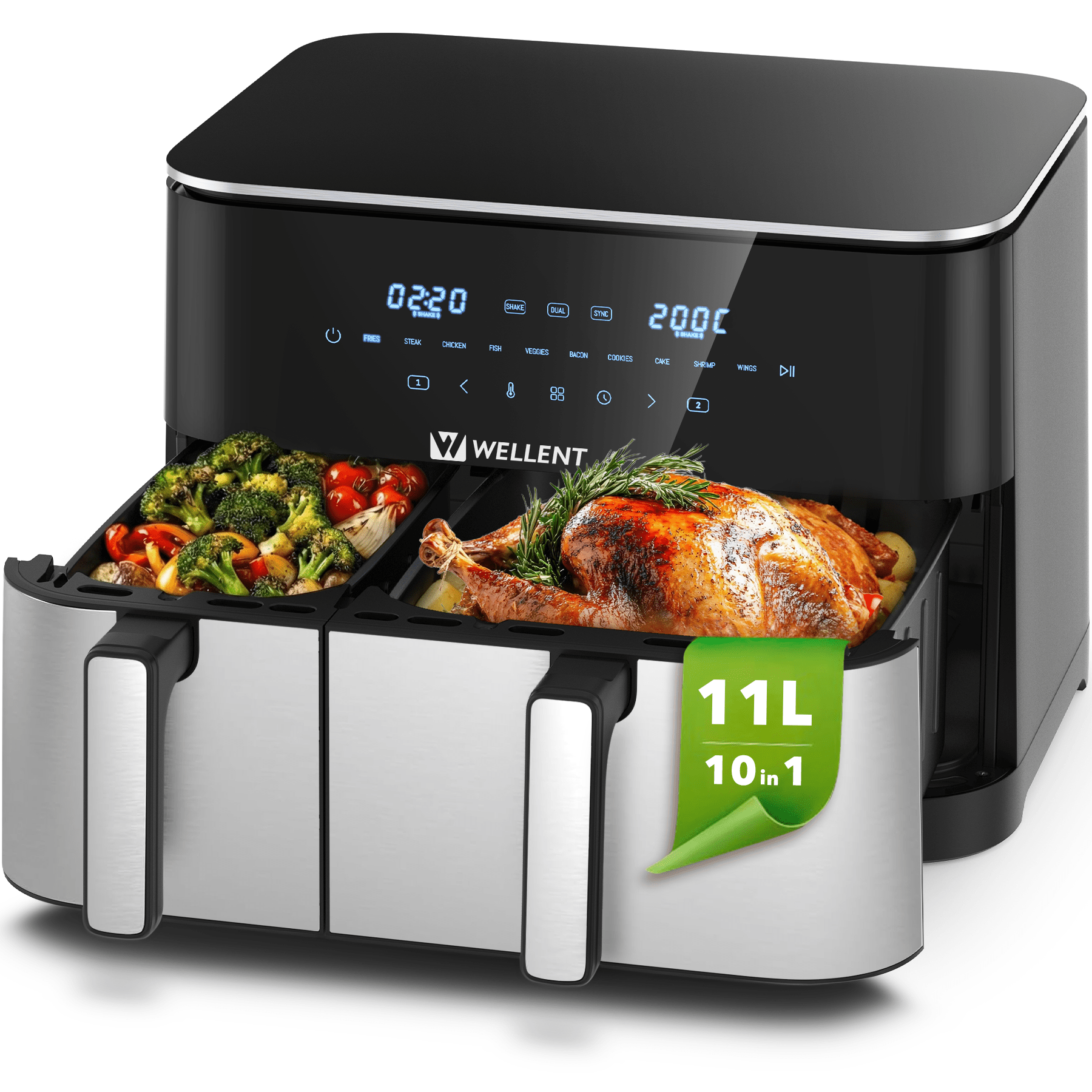 E-shop WELLENT Dual Easy Fry Heißluftfritteuse (7L+4L) - Airfryer mit 2 Kammern, Schublade, 10 Programmen, 2600 W, Extra Technologie, Spülmaschinenfest