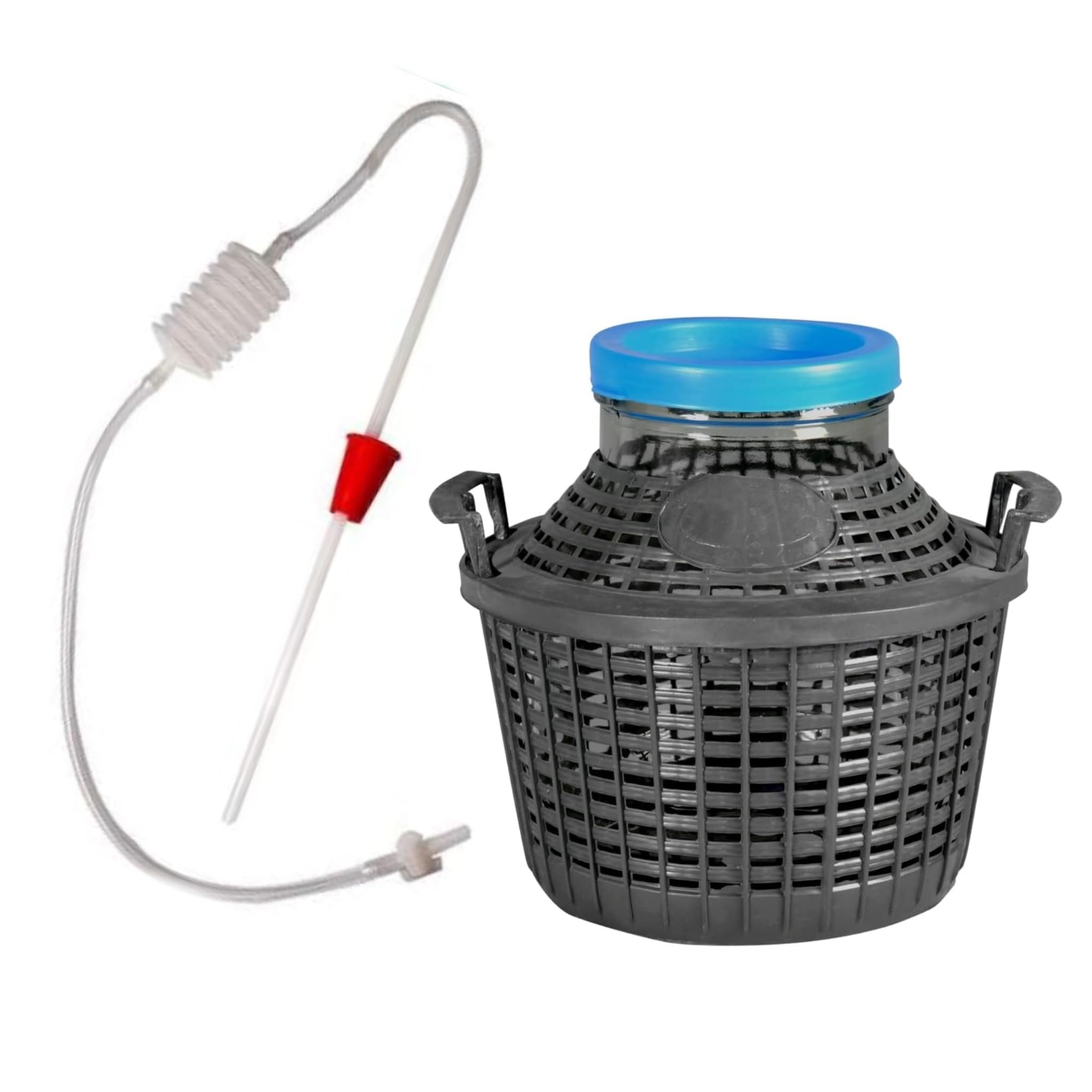 TEMU Damigiana vetro 5L bocca larga con Travasatore a polmone - Dama in vetro con tappo a pressione da 5L e cesta compreso travasotre a polmone con
