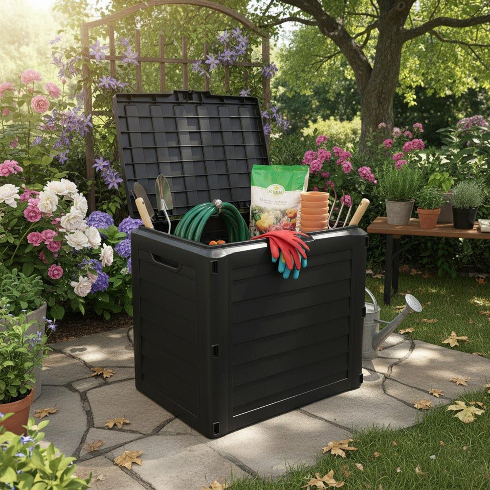 TEMU 140l Garden Storage Box Outdoor Cushion Tool Chest Plastic Grey Lid