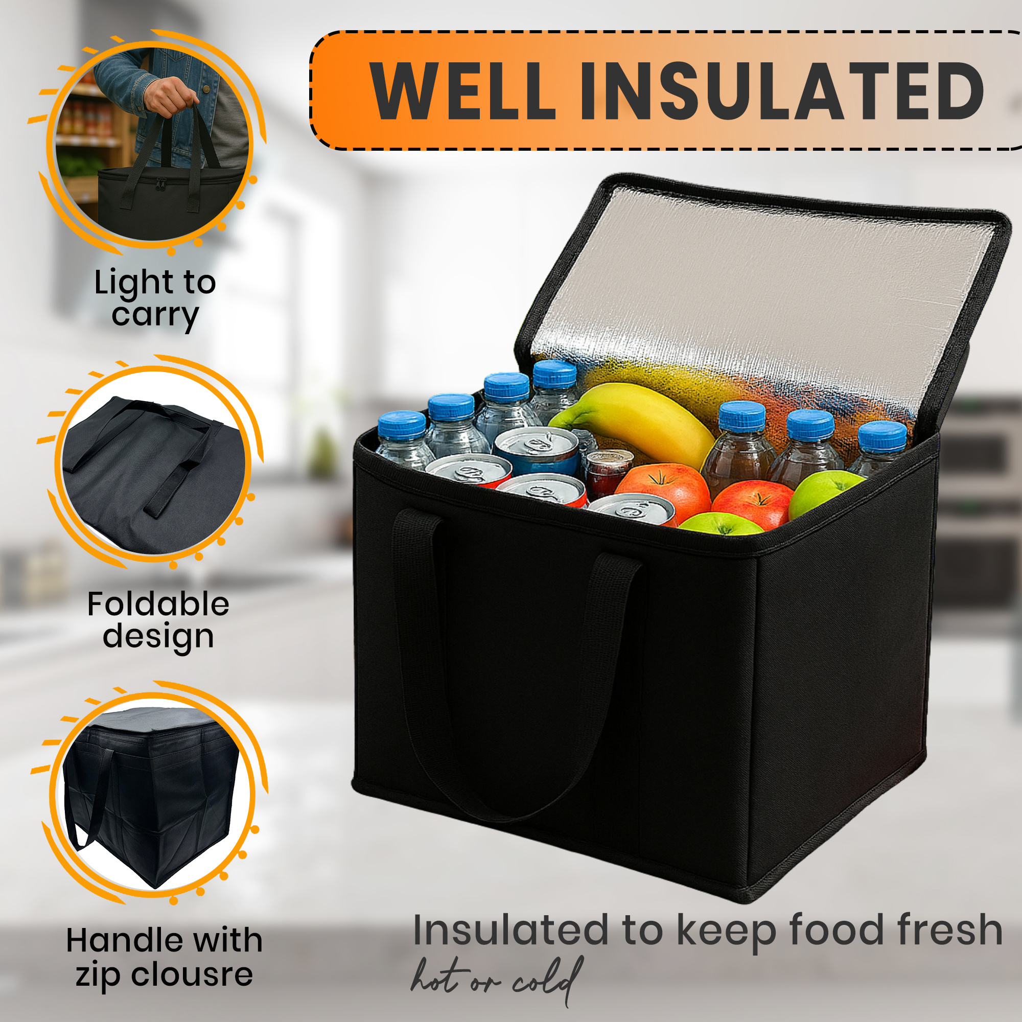 Extra Large 40L Thermal Cooler Tote Bag, Foldable & Insulated