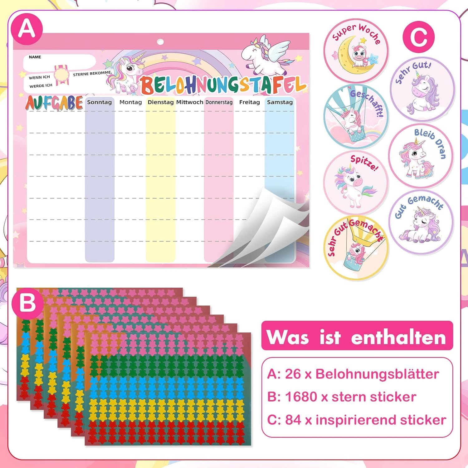 E-shop Motivations‑Chart – 26‑Stufen‑Belohnungssystem mit Aufklebern, Magnetic Reward Board, 26 Pages, 1680 Stars and 84 Motivational Stickers, Reward