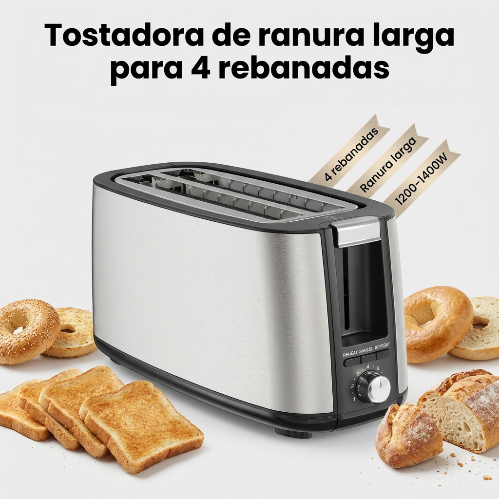 TEMU de pan 1400W para 4 rebanadas, acero inoxidable con ranura extra ancha (32mm), 7 niveles de , funciones recalentar/descongelar, bandeja de