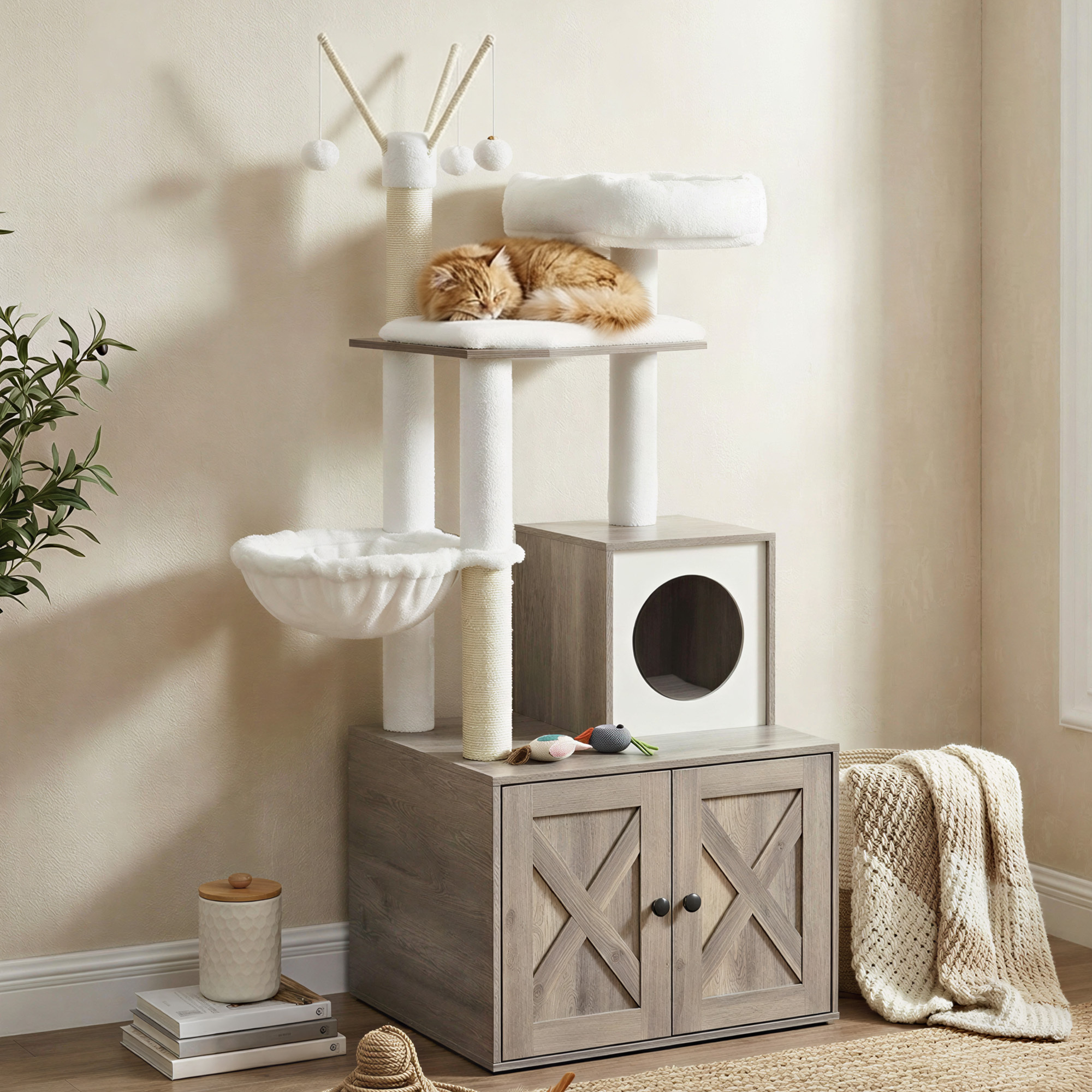 E-shop Kratzbaum mit Katzenklo-Schrank, 150 cm hoch, 2-in-1 Katzenbaum, Schrank für Katzentoilette, mit Sisalstämmen, abnehmbaren Plüschbällen