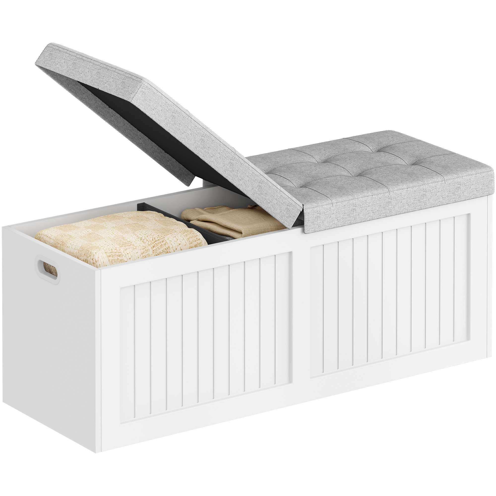 Image of Five-container Bench, Large Capacity Reclining Bench, Usable As A Shoe Rack, With Linen Cushion, Suitable For Living Room, Entrance And Atrium, 40 X 109 X 44.5cm, White-grey