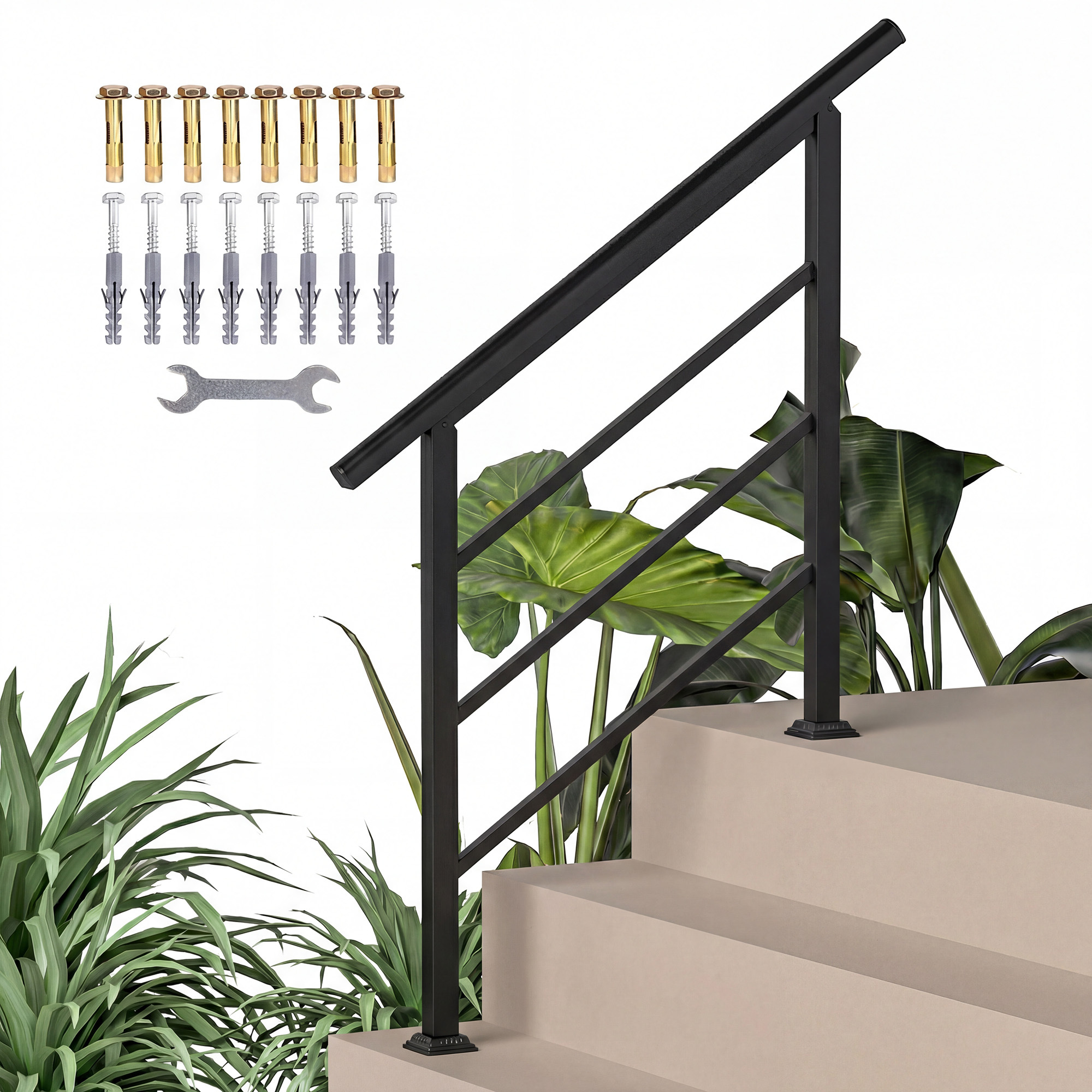 TEMU Outsunny Rampe d'Escalier Extérieure pour 1 à 3 Marches, Main Escalier avec Kit d'Installation, Rampe d'Escalier en Métal pour Porche, Bois et
