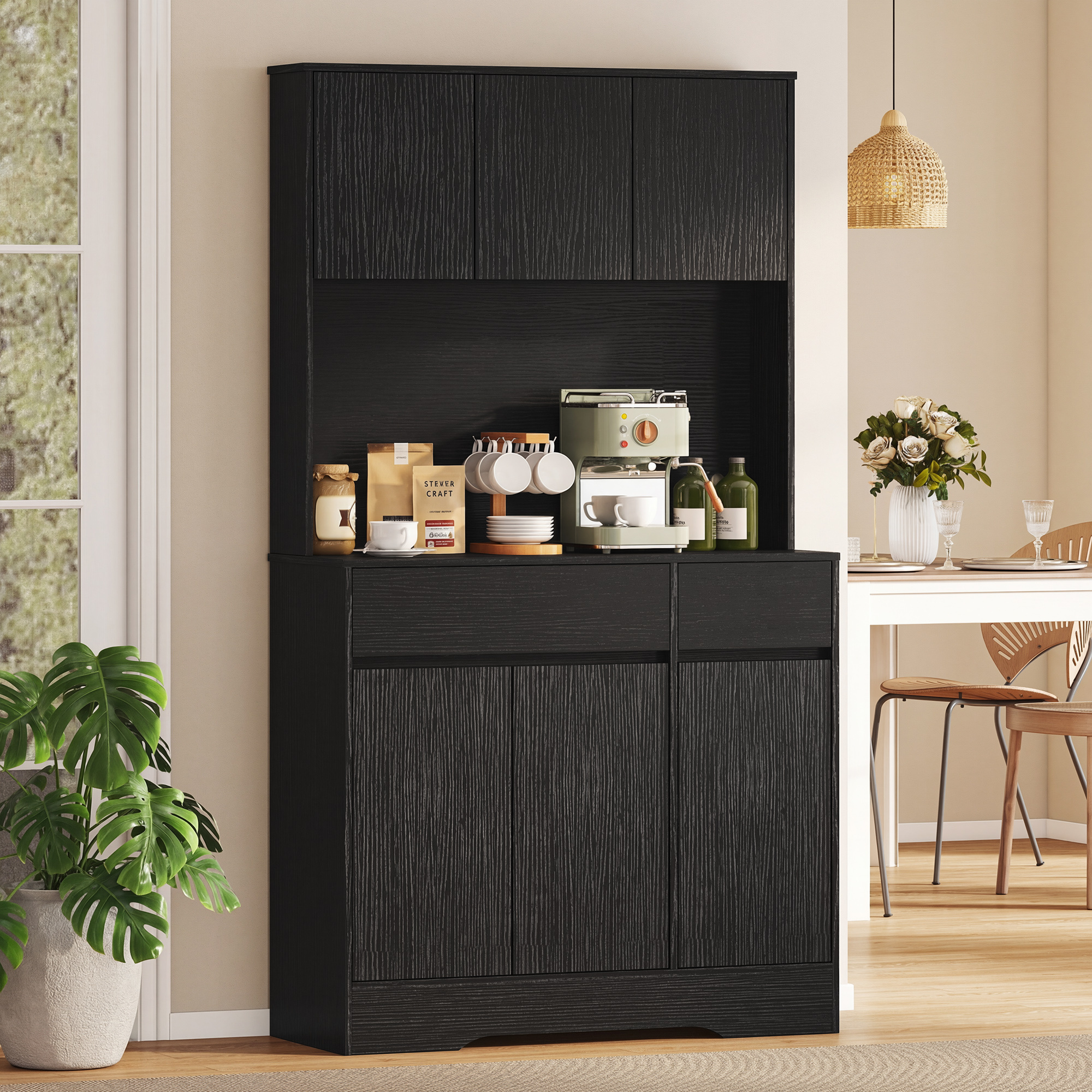 Image of Kitchen Buffet Cabinet With Worktop, 6 Doors, Tall Cabinet With Adjustable Shelves, Cable Holes, Microwave Cabinet, Cabinet, Black, 100 X 38 X 180 Cm