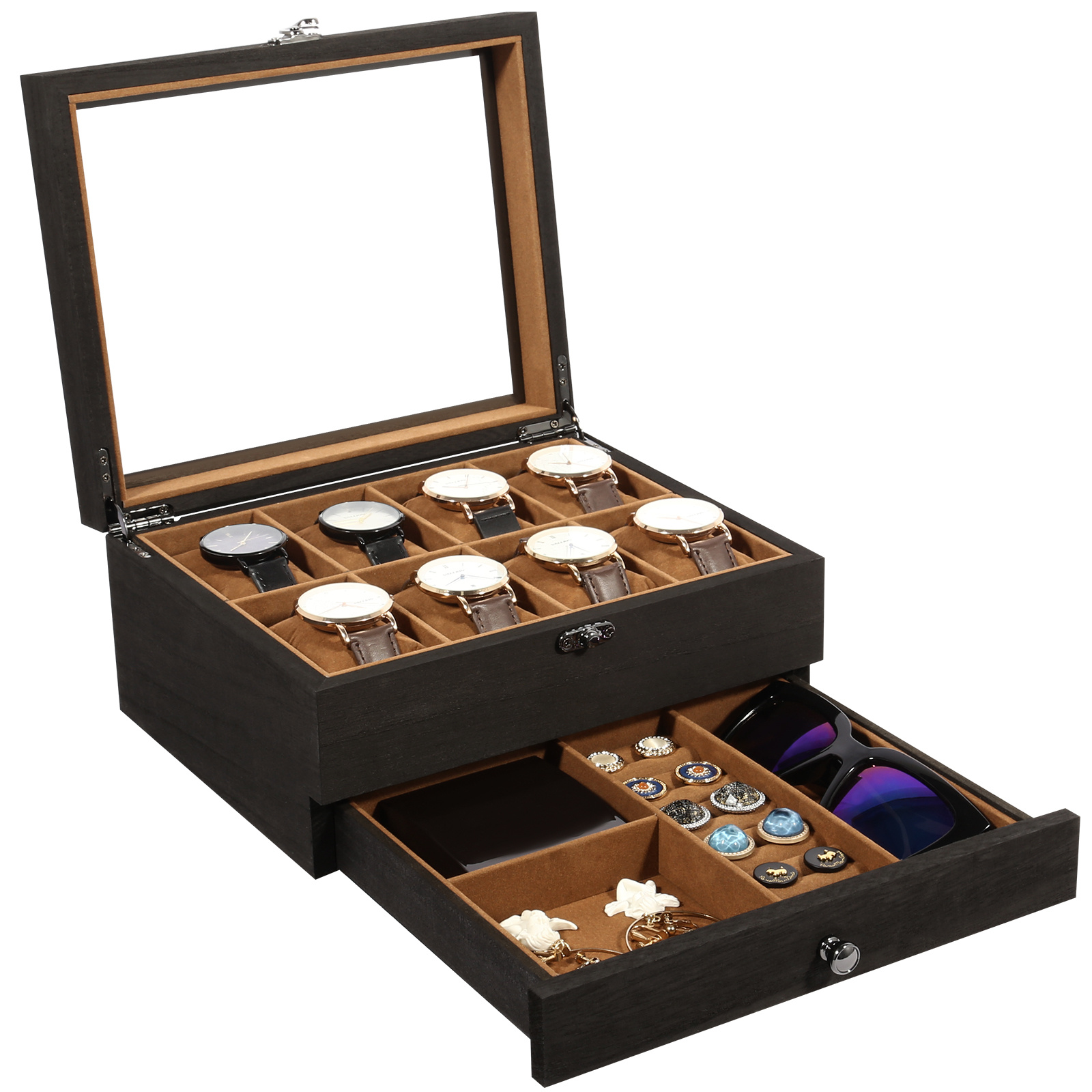 Image of Watch Case With 8 Compartments, Watch Box With Glass Lid, A Small Drawer, Watch Case For Men's And Women's Watches, Watch Showcase.