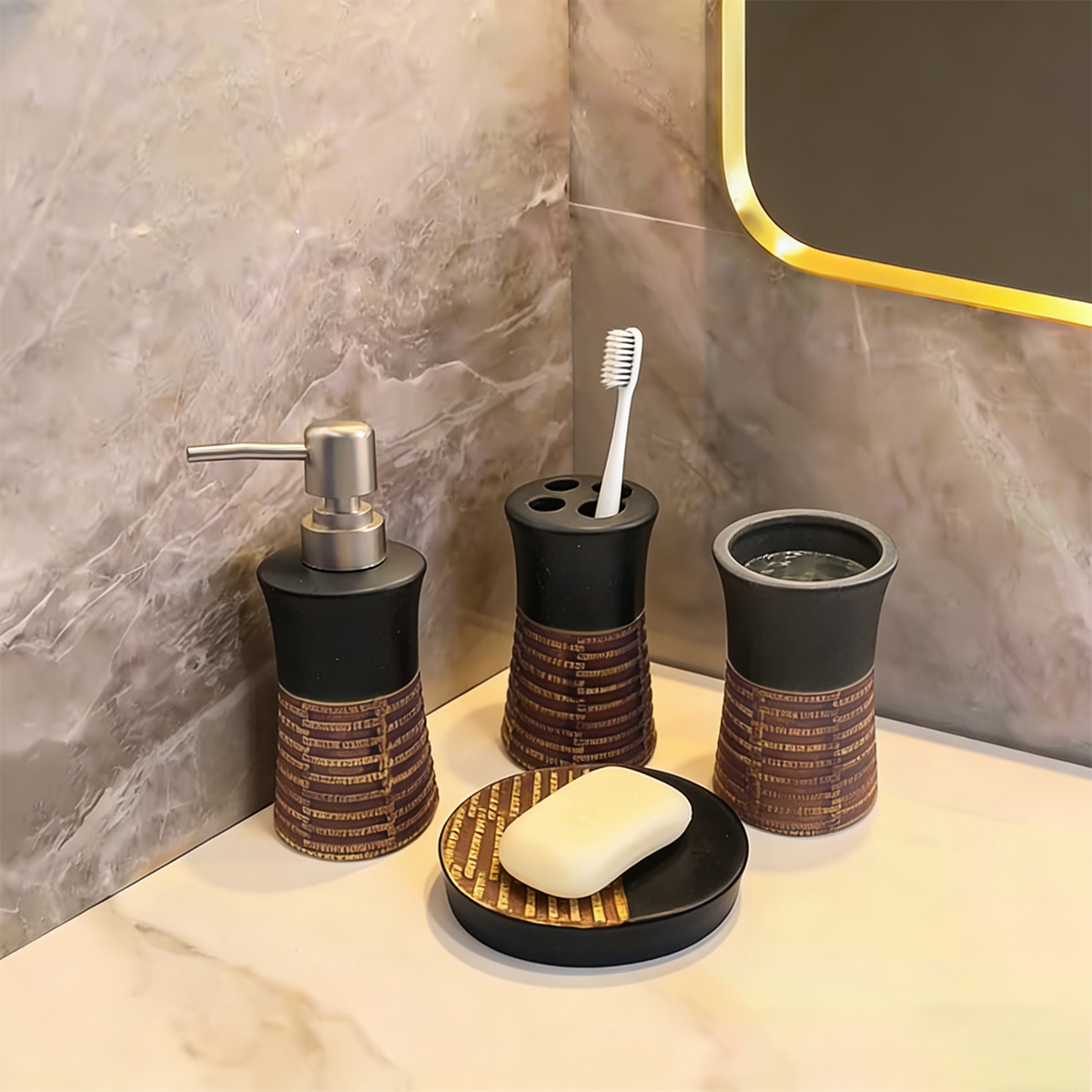 TEMU Ensemble de salle de bain en céramique, ensemble de pièces, comprenant un gobelet pour , un distributeur de savon, un porte-savon et un