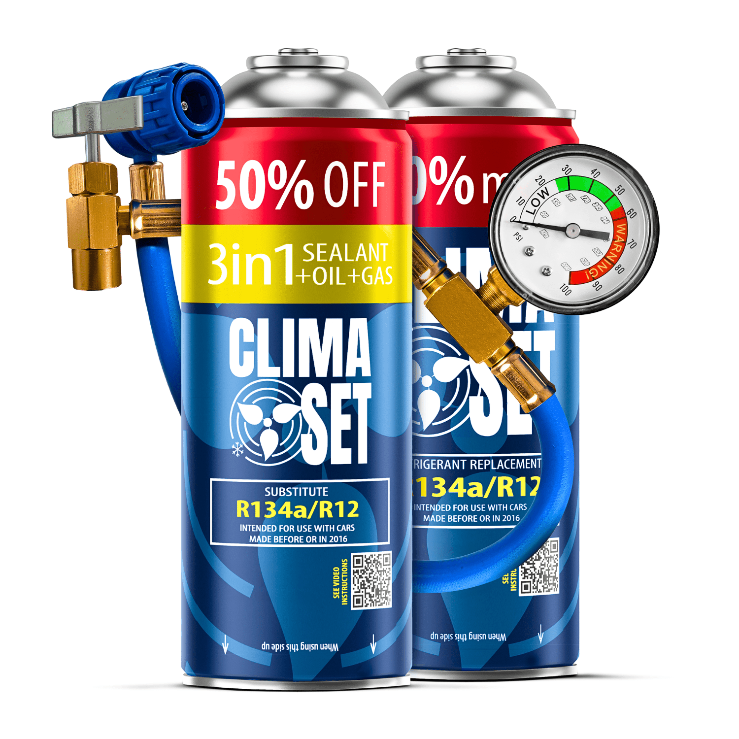 E-shop Set mit 2x R134a Kältemittel für Klimaanlage + Schlauch mit Manometer, DIY Kältemittel-Befüll- und Service-Set für Auto-Klimaanlage, Öl,