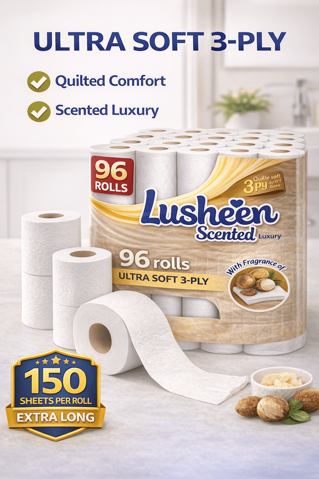 96 rolls toilet tissue 3 ply extra long 150 sheets soft strong bulk pack long lasting family size details 2