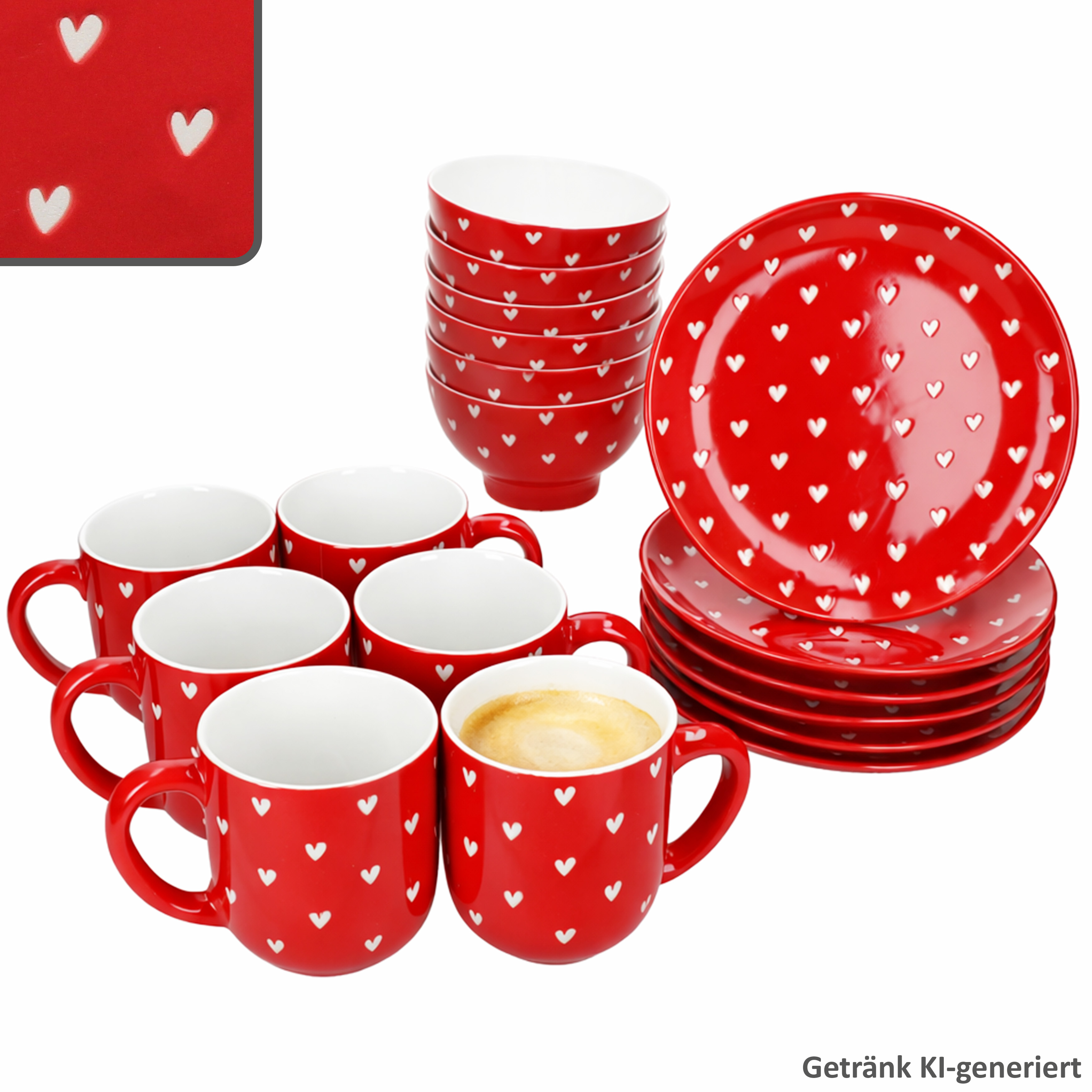 Love 18-piece Breakfast Set, Porcelain Plates, Cups, Bowls, Heart, Red
