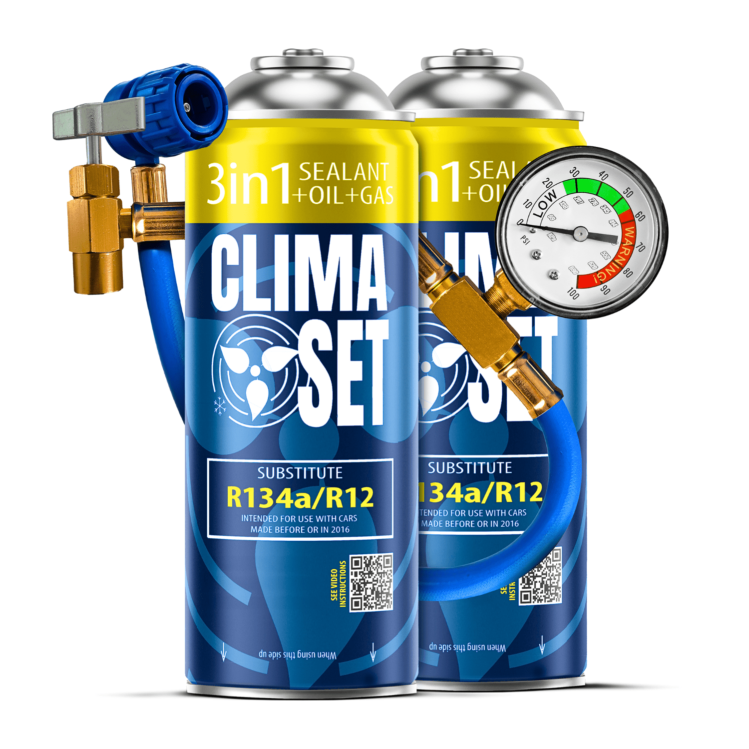 E-shop Set mit 2x 3-in-1 R134a Kältemittel für Klimaanlage + Schlauch mit Manometer, DIY Klimaanlagen-Nachfüll- und Service-Kit für Autos, Öl,