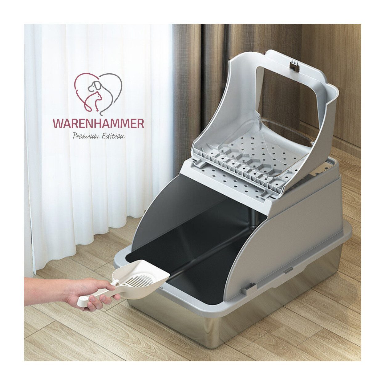 Image of Cat Toilet Cat Litter Box Xxl Premium - Stainless Steel With Lid - Large Front Opening B X L X H : 62 X 41 X 40 Cm