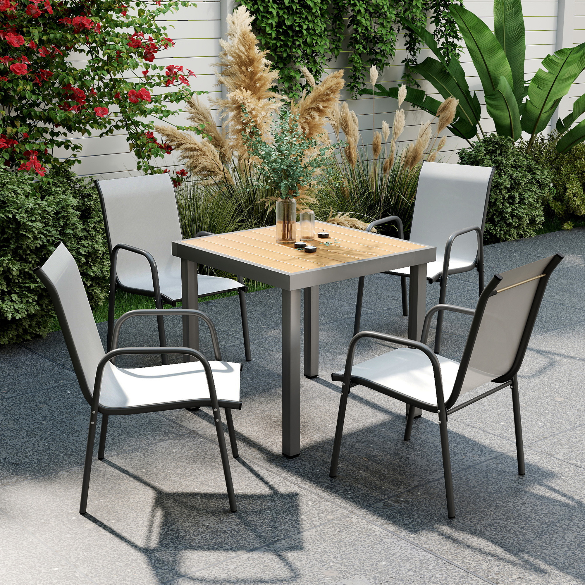 Image of Garden Chairs 4pcs Set Stackable Patio Chairs With Breathable Back, Armrests, Weather-resistant Balcony Chairs 120 Kg Load-bearing Stackable Chairs For Garden Balcony Terrace 51 X 87 Grey