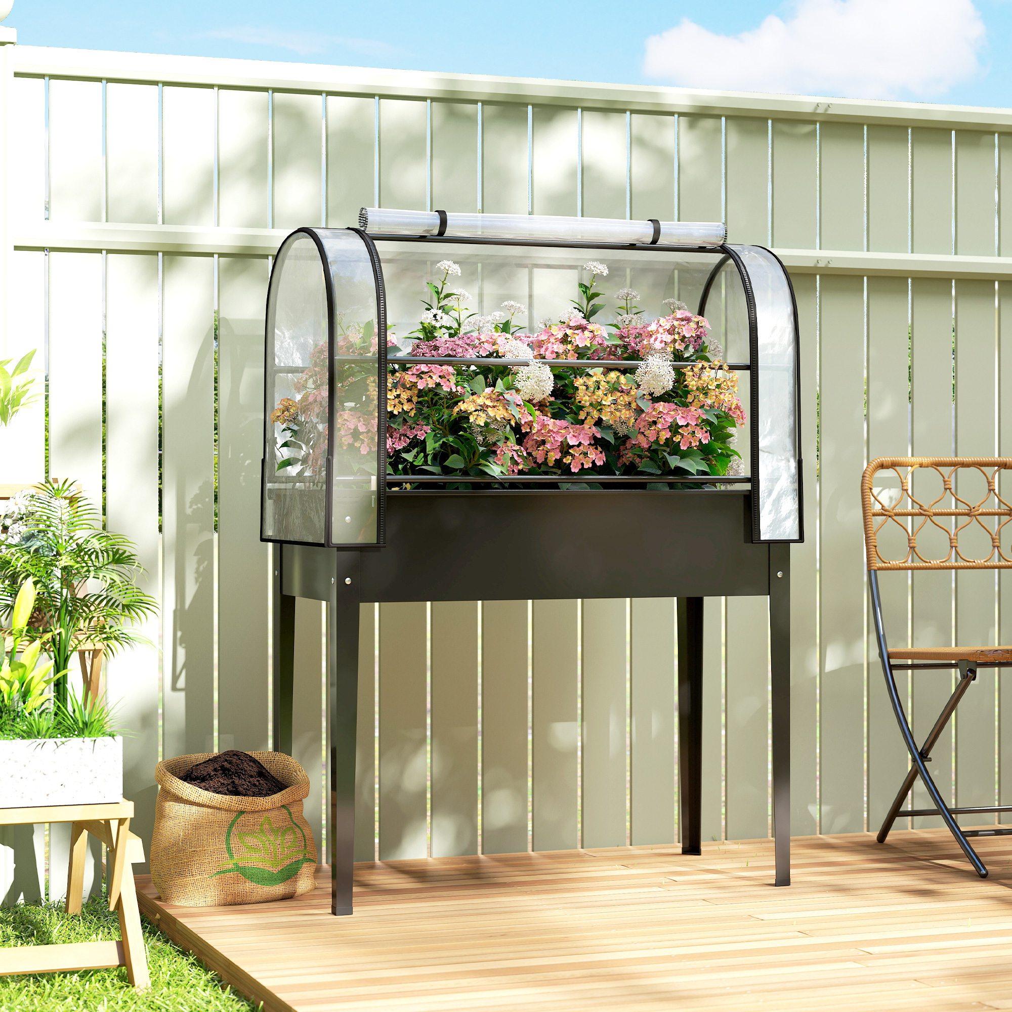 Image of Raised Garden Bed With Greenhouse Attachment, Elevated Planter Box With Flip-up Cover, Rollable Zipper Door, Drainage Hole, Metal Vegetable Bed, Flower Box For Garden Balcony, 100x49x136 Cm, Black