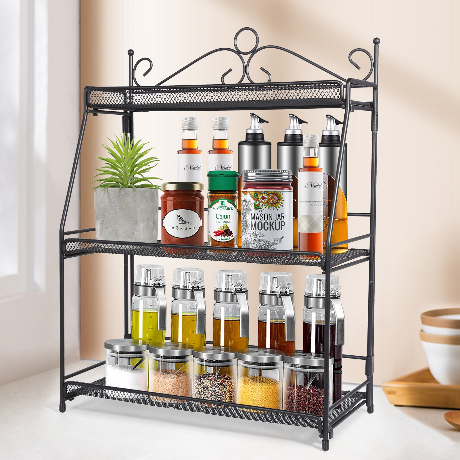 Spice Rack, Kitchen Rack With 3 Levels, Multifunctional Kitchen Rack, Kitchen Organizers And Storage Cabinets