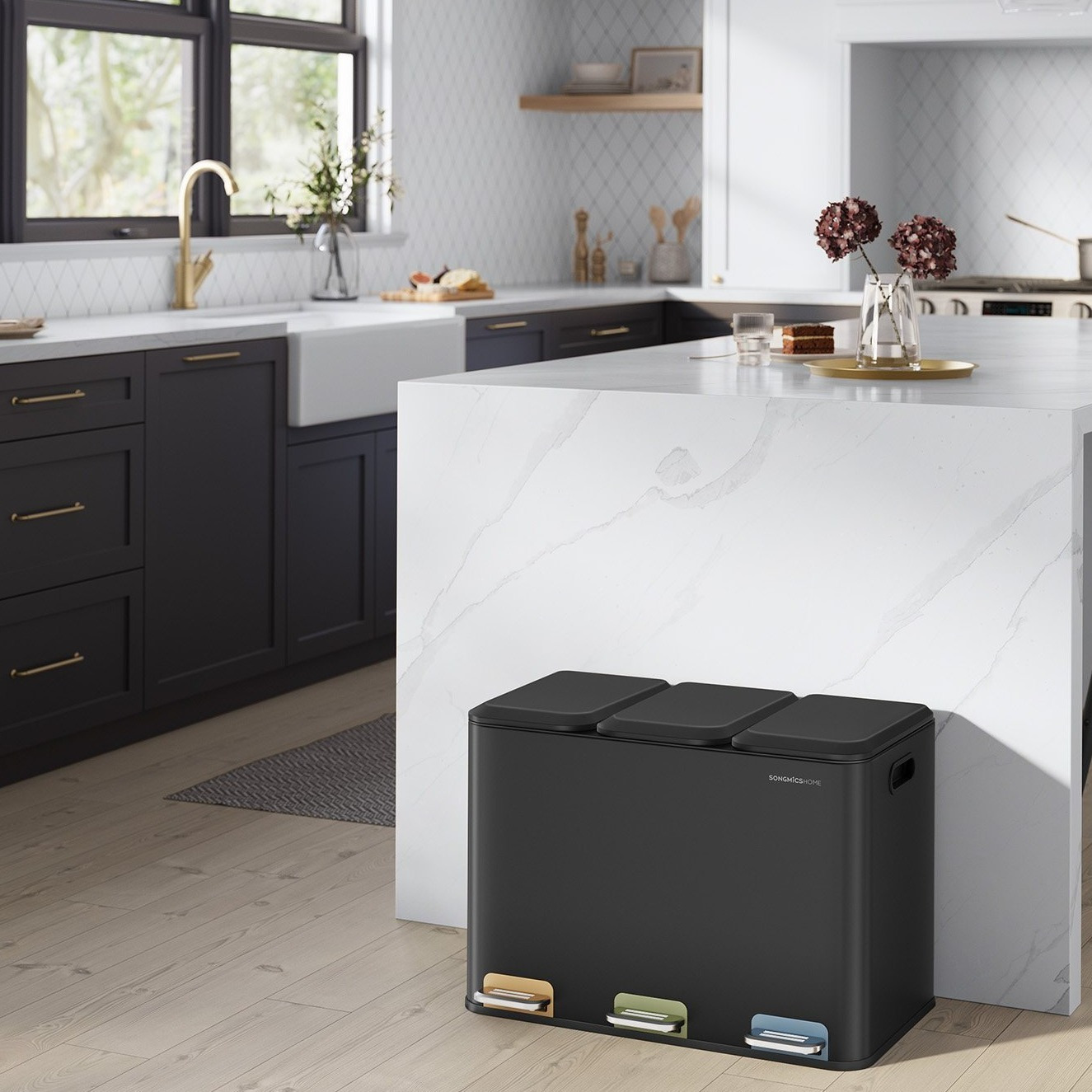Trash Can Kitchen, With 3 X 15l Inner Buckets, Pedal Trash Of Steel, Kitchen, Lid, Black