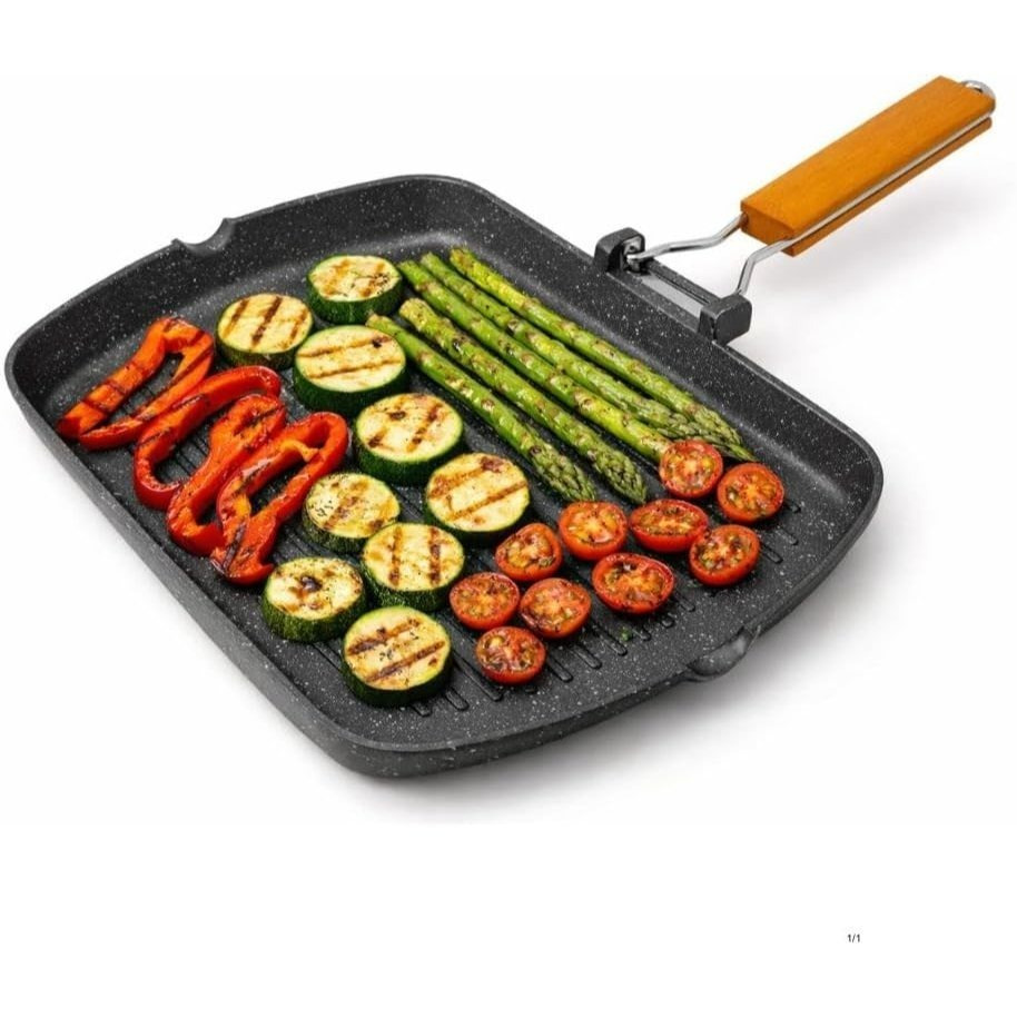 Image of Cecaro Group Bistecchiera 21x35 Cm In Aluminum With Stone Coating – Ultra-resistant Grill Pan For Healthy Oil-free Cooking – Ergonomic Folding Handle