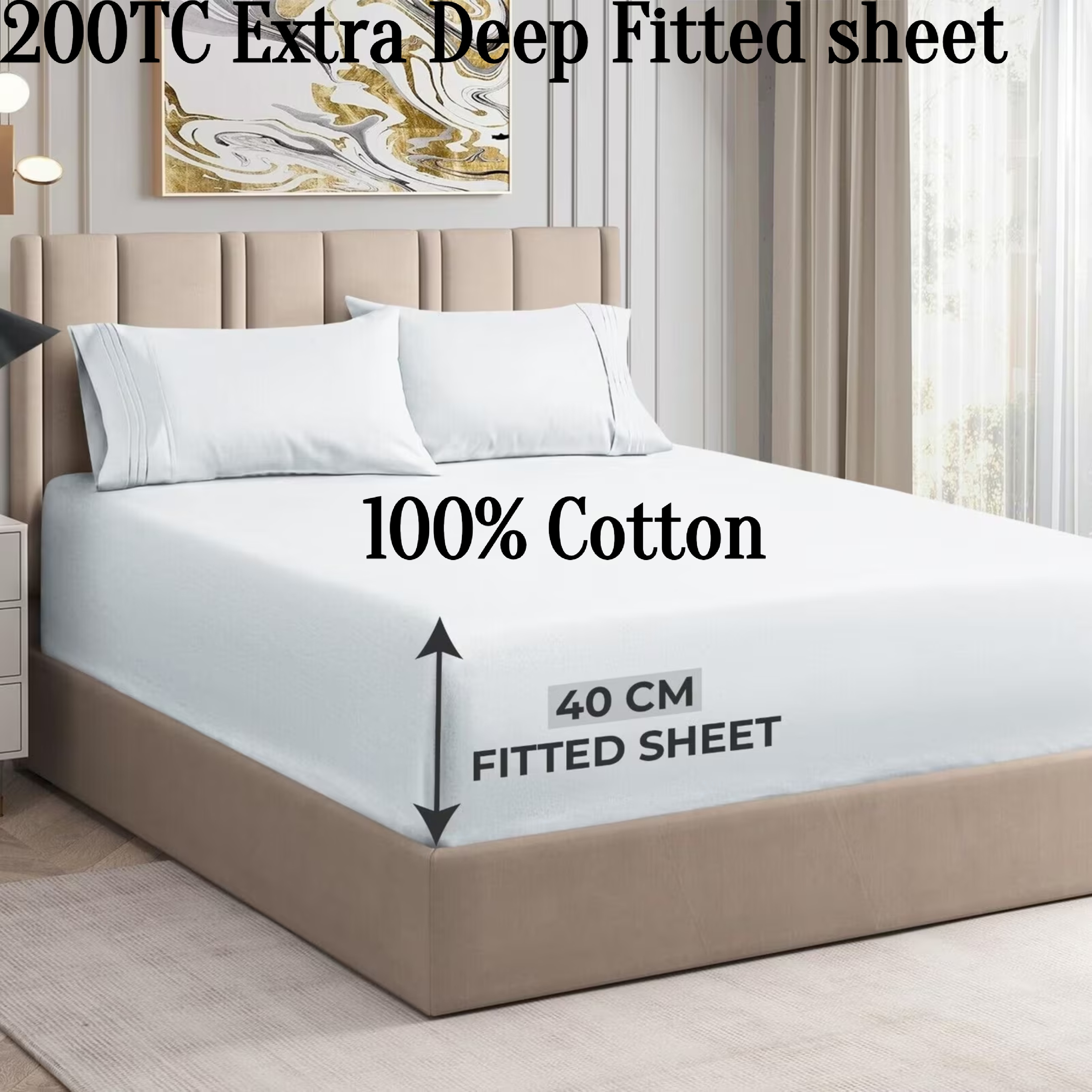 TEMU Soft 100% Cotton Bed Sheet With Elastic Corners - 200 Thread Fabric Extra Deep 40cm Fitted Sheet –, Machine-washable Bedding, Wrinkle-resistant,