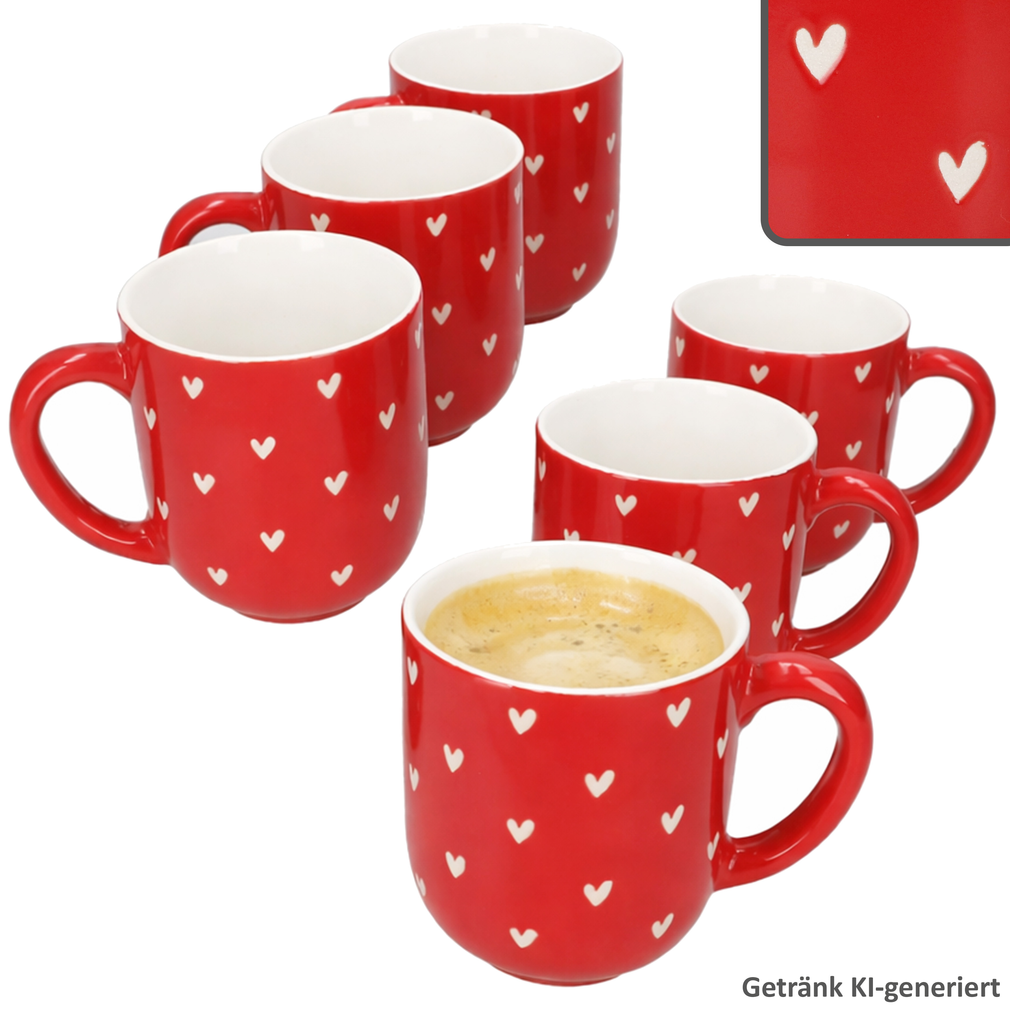 6-piece Set Love Coffee Mugs, Porcelain With Red And White Hearts, 300ml, Ø8cm Cup