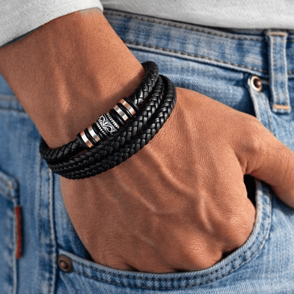 E-shop Herren Armband Edelstahl Veganes Leder, Armband Schwarz Geflochten Mit Magnet Verschluss, Geschenk für Männer zum Valentinstag Geburtstag,