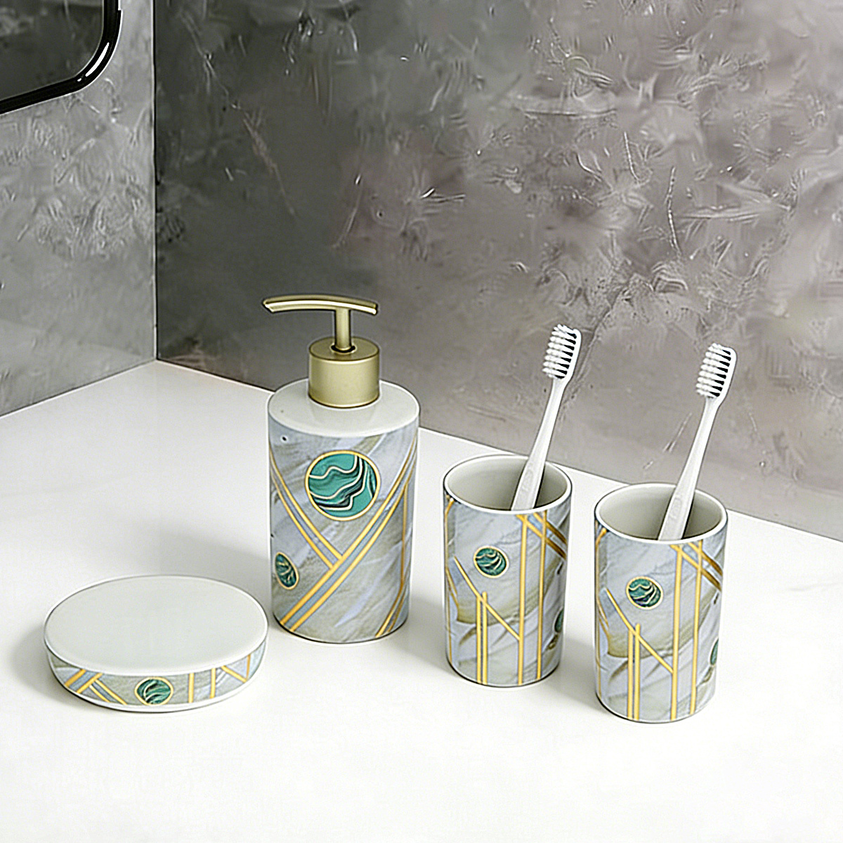 Ceramic Bathroom Set, Four-piece Bathroom Set, Including Mouthwash Cup, Soap Dispenser, Soap Dish, And Toothpaste Cup Holder.