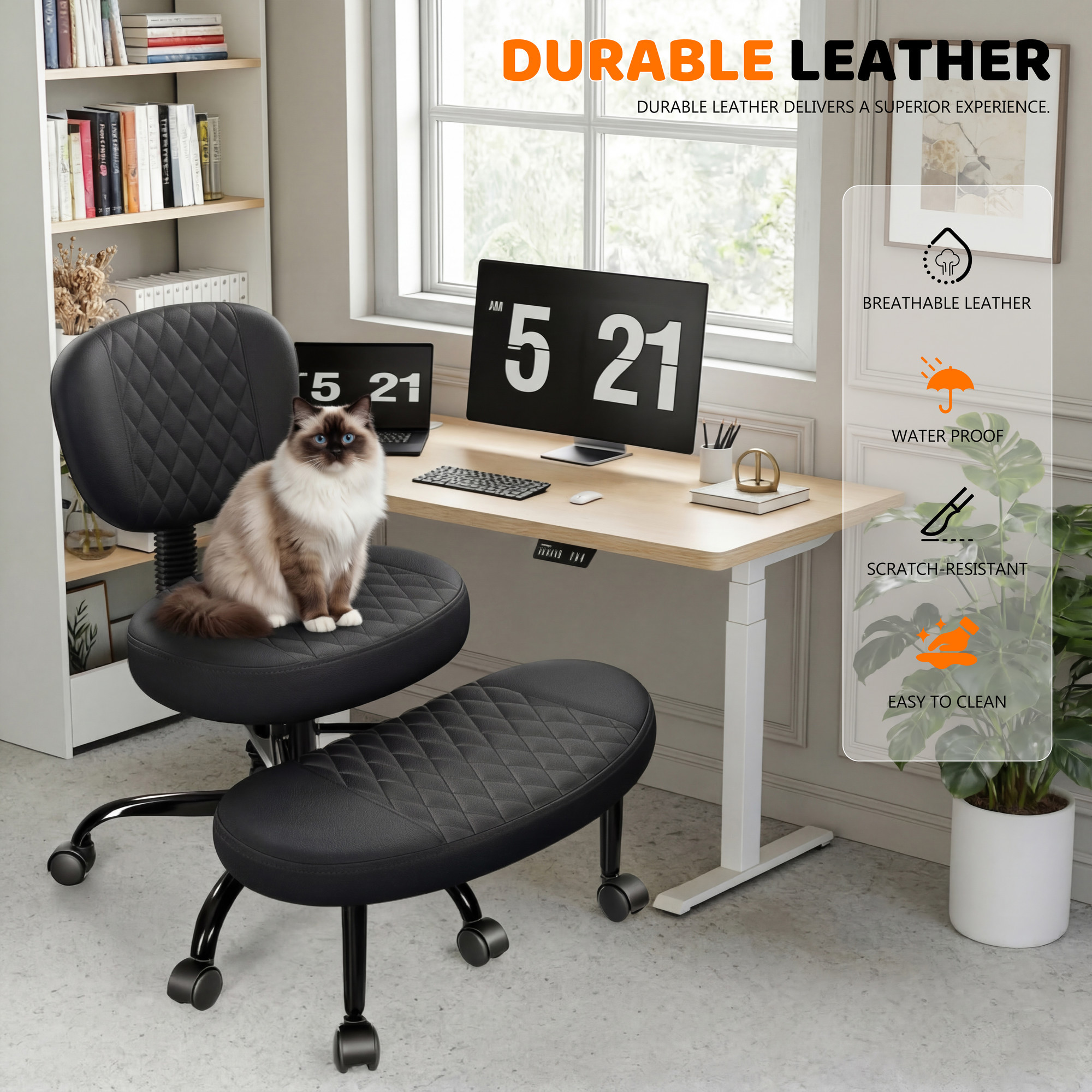 Image of Office Chair With Wheels, Desk Chair With Rotating Footrest, Meditation Chair, Height-adjustable, Yoga Office Chair, Wide Cross Chair With Lumbar Support, Knee Chair, Black