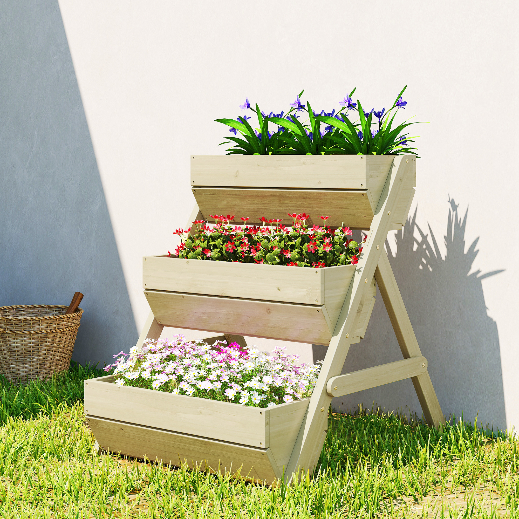 Image of Vertical Planter With 3 Tiers Vertical Planter Made Of Wood Flower Box With 3 Planters Drainage Holes Flower Bed Bed Flower Staircase For Terrace Balcony Garden 65 X 75 X 76 Cm Green