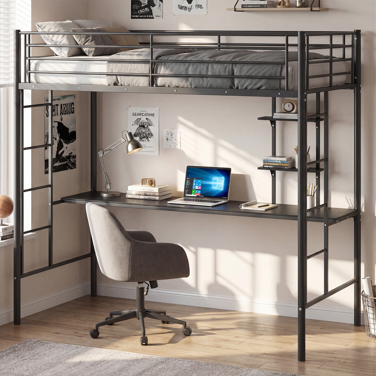 TEMU Goflame Single Size Loft Bed With Desk And Shelves, Metal Loft Bed Frame With 2 Ladders And Full-length , High Loft Bed For Kids, Teens, Home,