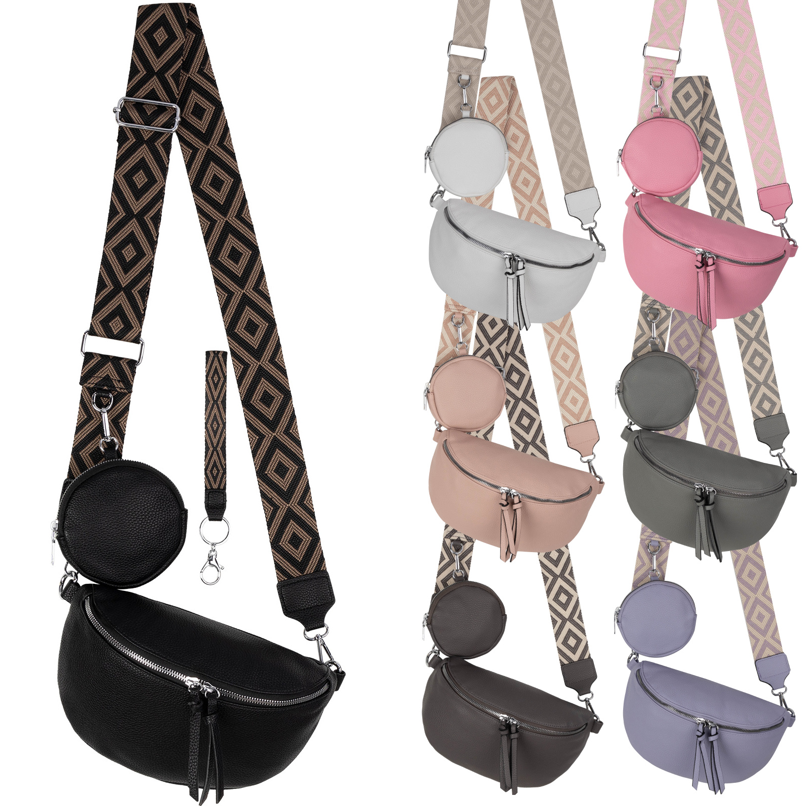 Image of Women's Fanny Pack Crossbody Bag Hip Bag Faux Leather Italy Design 26x16x9cm With Double Zipper Adjustable Strap Small Utility Pouch & Keychain, Colors