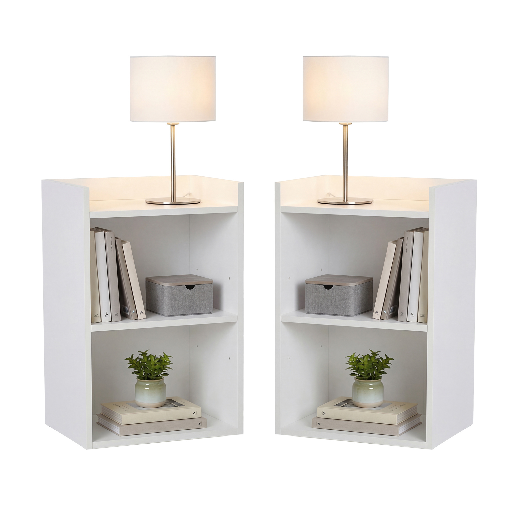 Side Table With , 2pcs Set, 30 X 40 X 60 Cm Nightstand With Open Compartments, For Living Room, Bedroom, White