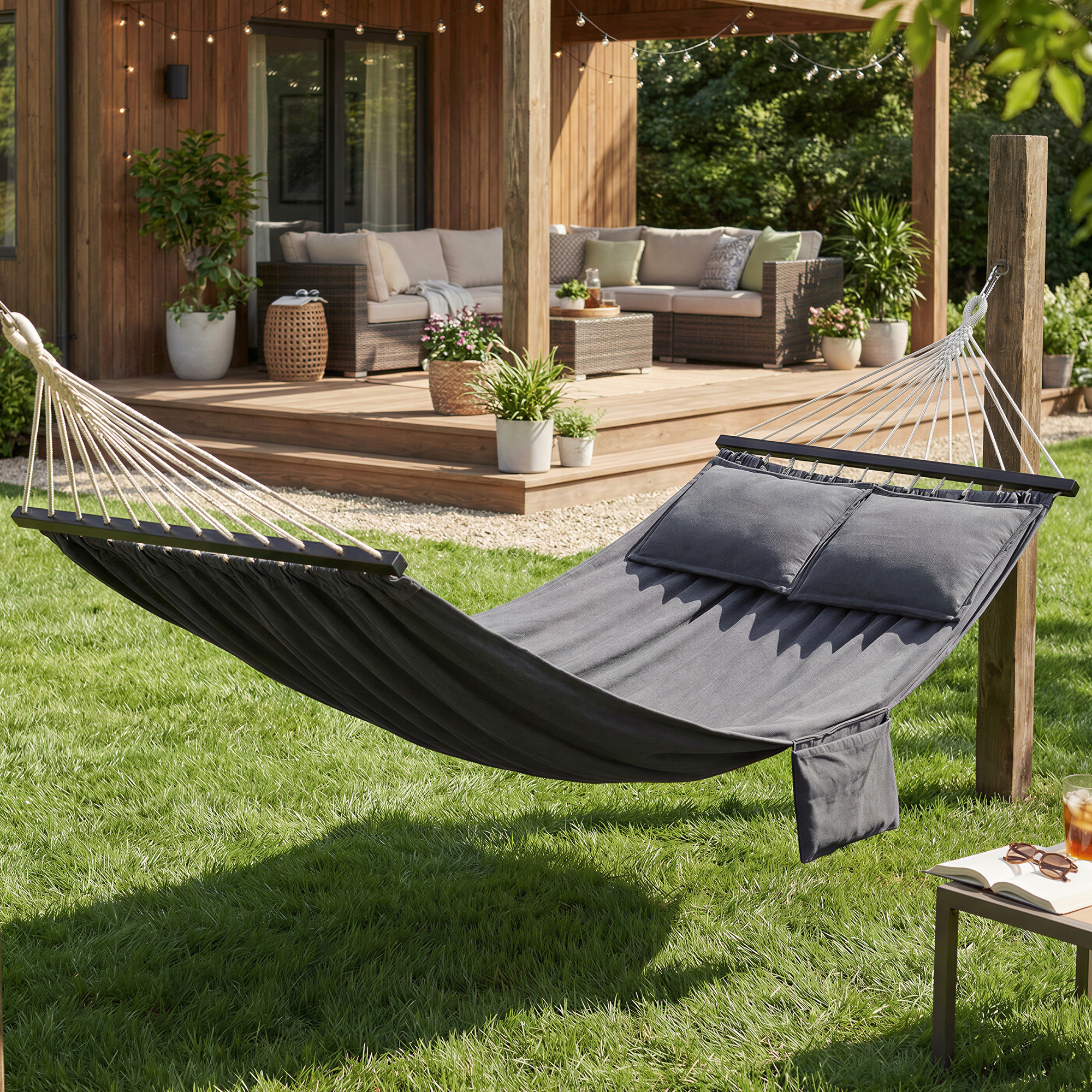 E-shop Hängematte 210 x 150 cm, Doppelhängematte, für den Außenbereich, mit 2 Holzstangen, 2 Kissen, maximale Belastbarkeit 300 kg, grau, ohne Ständer