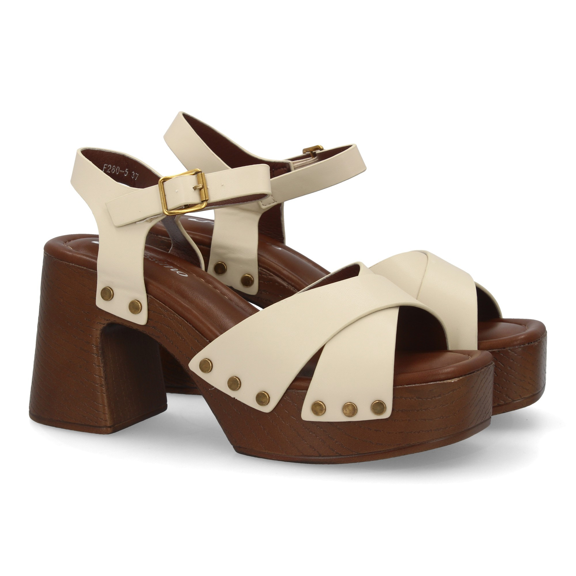Image of Women's Platform Sandal With Wide Wood-style Heel, Cross-strap Design, And Metal Studs. Closure, Comfortable And Lightweight Model For Spring Summer