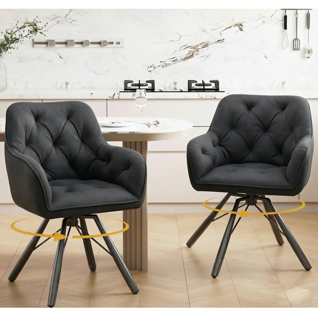 Dining Room Chair 2pcs Set, Kitchen Chair, Velvet, Upholstered Chair, Loadable Up To 150 Kg, 360° Rotatable Steel Legs, Curved Backrest, With Anti-slip Pads For Dining Room, Kitchen, Grey/black