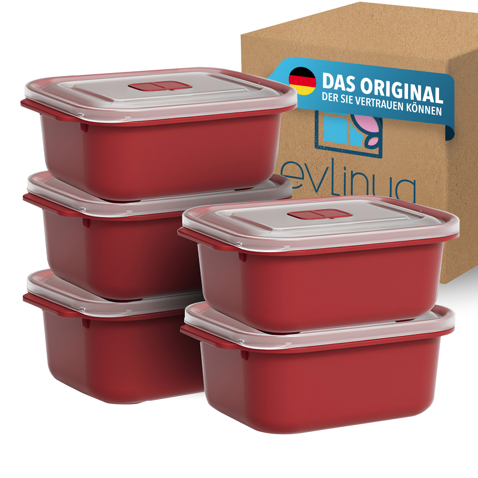 E-shop EVLINYA Heat’ Mikrowellenboxen 5er Set 2000 ml Rot, extra große Meal Prep Behälter mit Deckel und Klick-Dampfventil, stapelbare Lunchboxen für