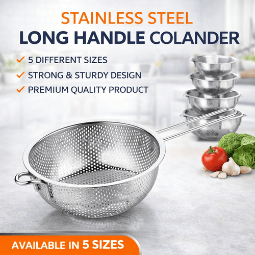 stl steel colander with long handles and deep base micro perforated strainer for draining pasta rice vegetables fruits dishwasher safe kitchen metal food filter easy to clean and durable