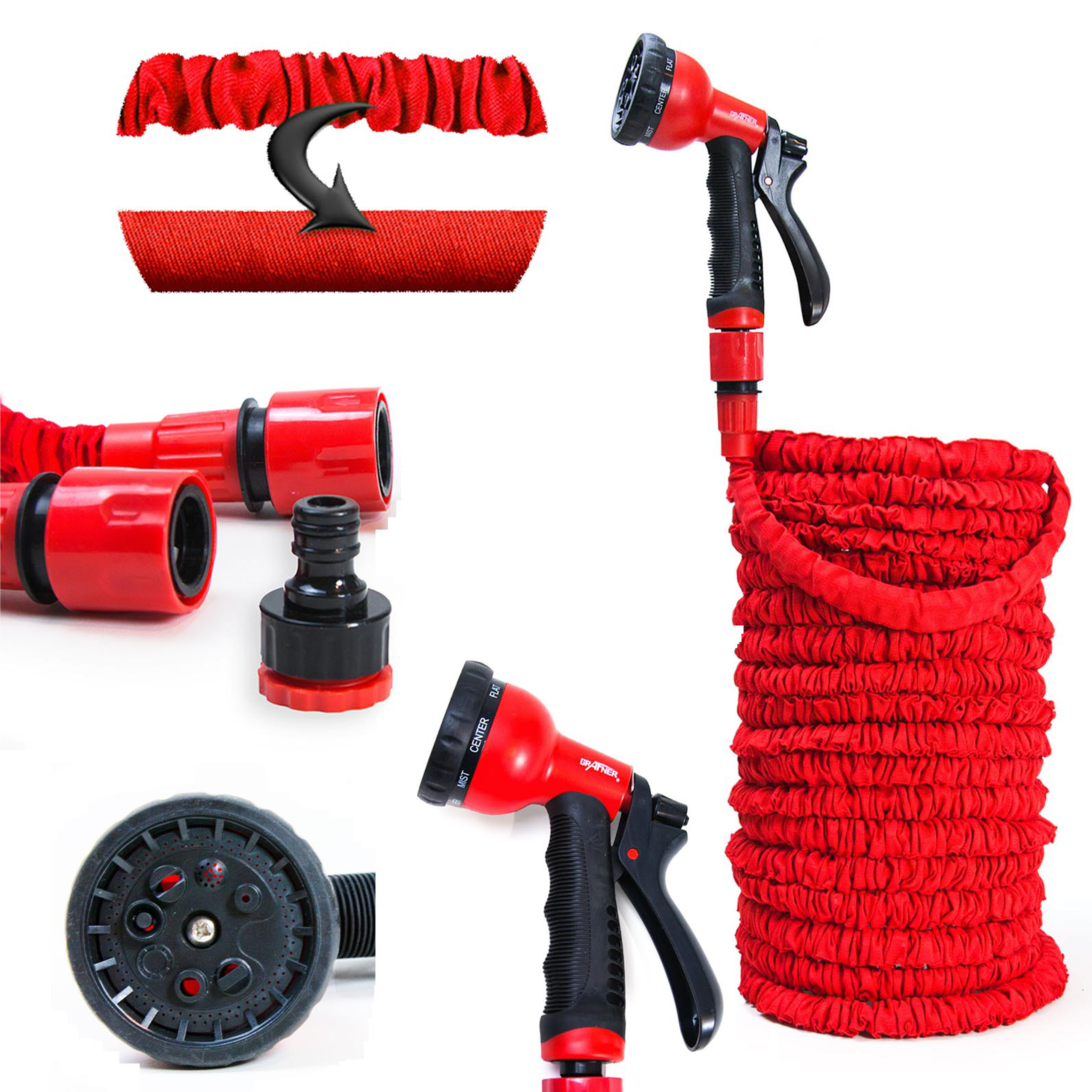 Image of Flexible Garden Hose With 8-function Multi-nozzle Sprayer, 30 Meters, Sturdy Latex Core, No Bursting, Heavy-duty Design, Red, 30 Meters, Expandable And Retractable Water Hose For Garden Irrigation