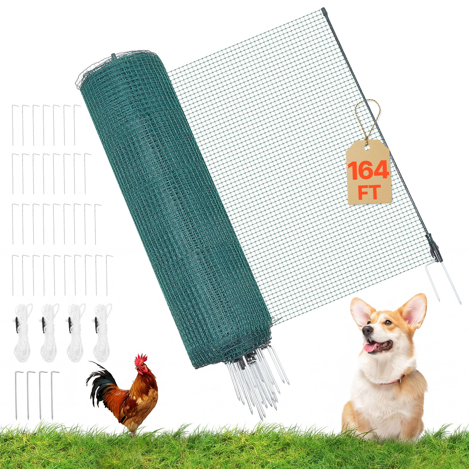 Image of Vevor Temporary Fence With Posts, 0.9 X 50m Plastic Mesh Fencing, Garden Safety Fences Netting With Double-spike Stakes & Guy Ropes, Temporary Fence For Dogs, Chickens, Plants, Outdoor Yards
