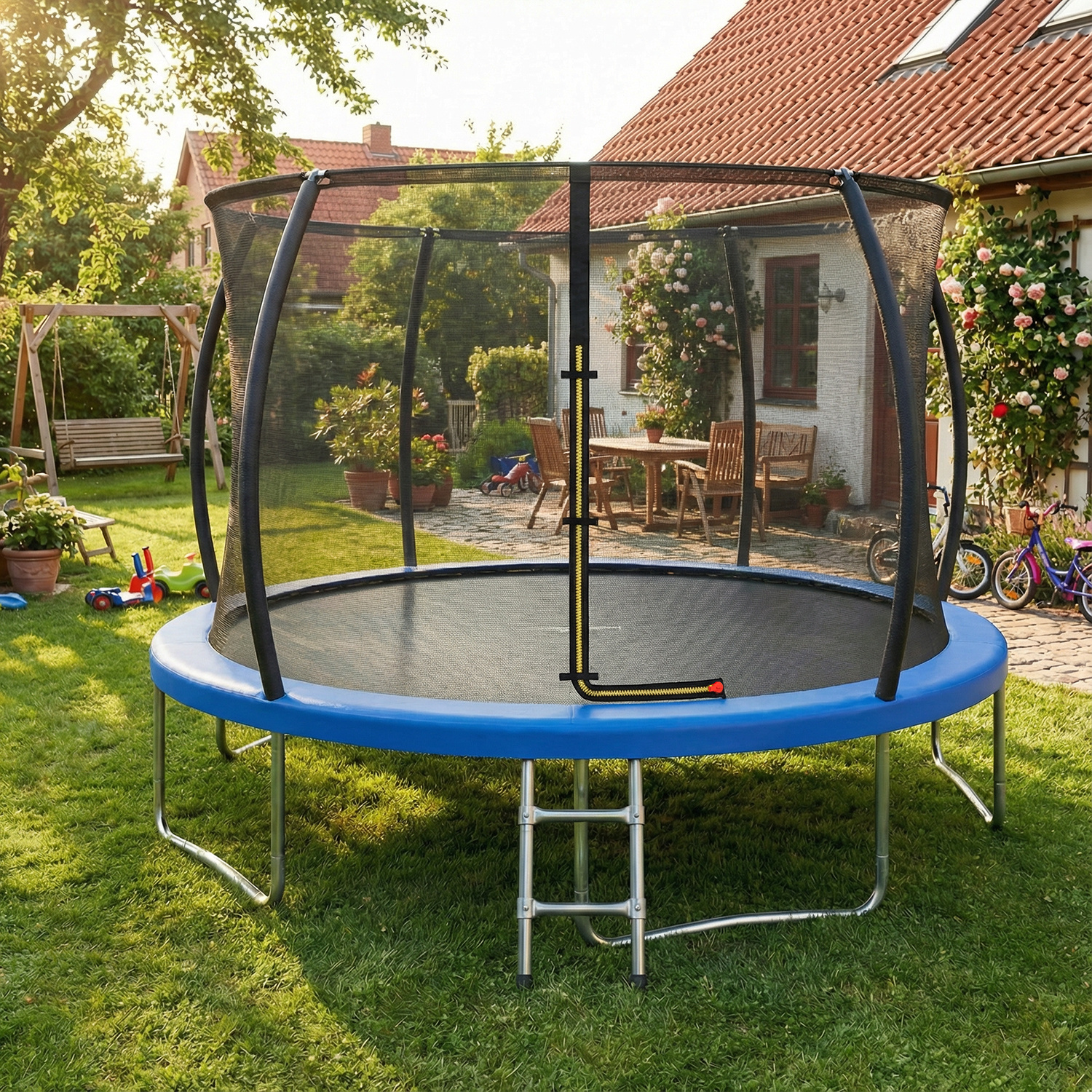 Outdoor Garden Trampoline In Pumpkin Shape, Diameter 183/220/290/360 Cm Complete Set With Safety Net, Ladder, Assembly Accessories, Load Capacity 50-150 Kg, Blue/black