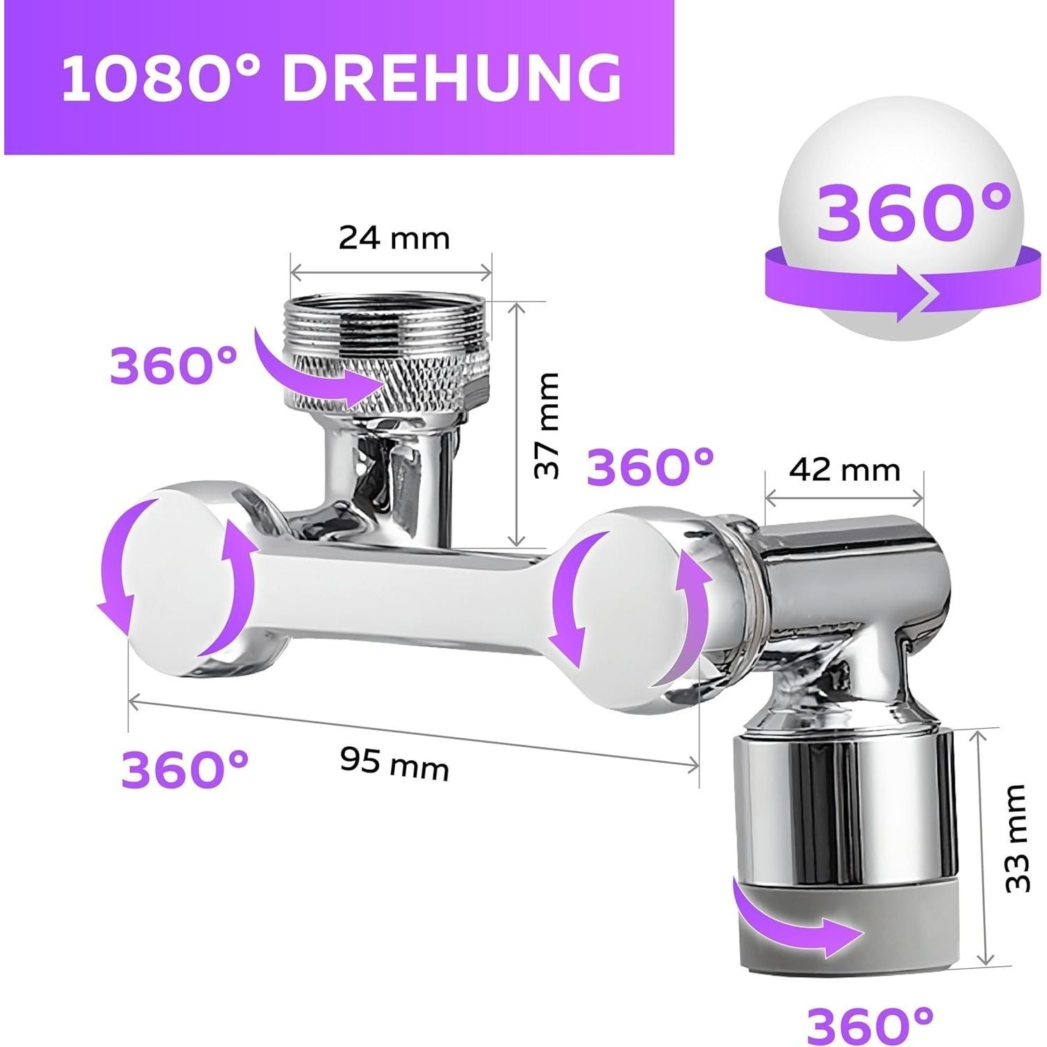 Image of Rotatable Faucet Extension 1080° Universal With , M22 M24 M20 Adapter, Swivel Faucet Attachment For Kitchen And Bathroom, Chrome