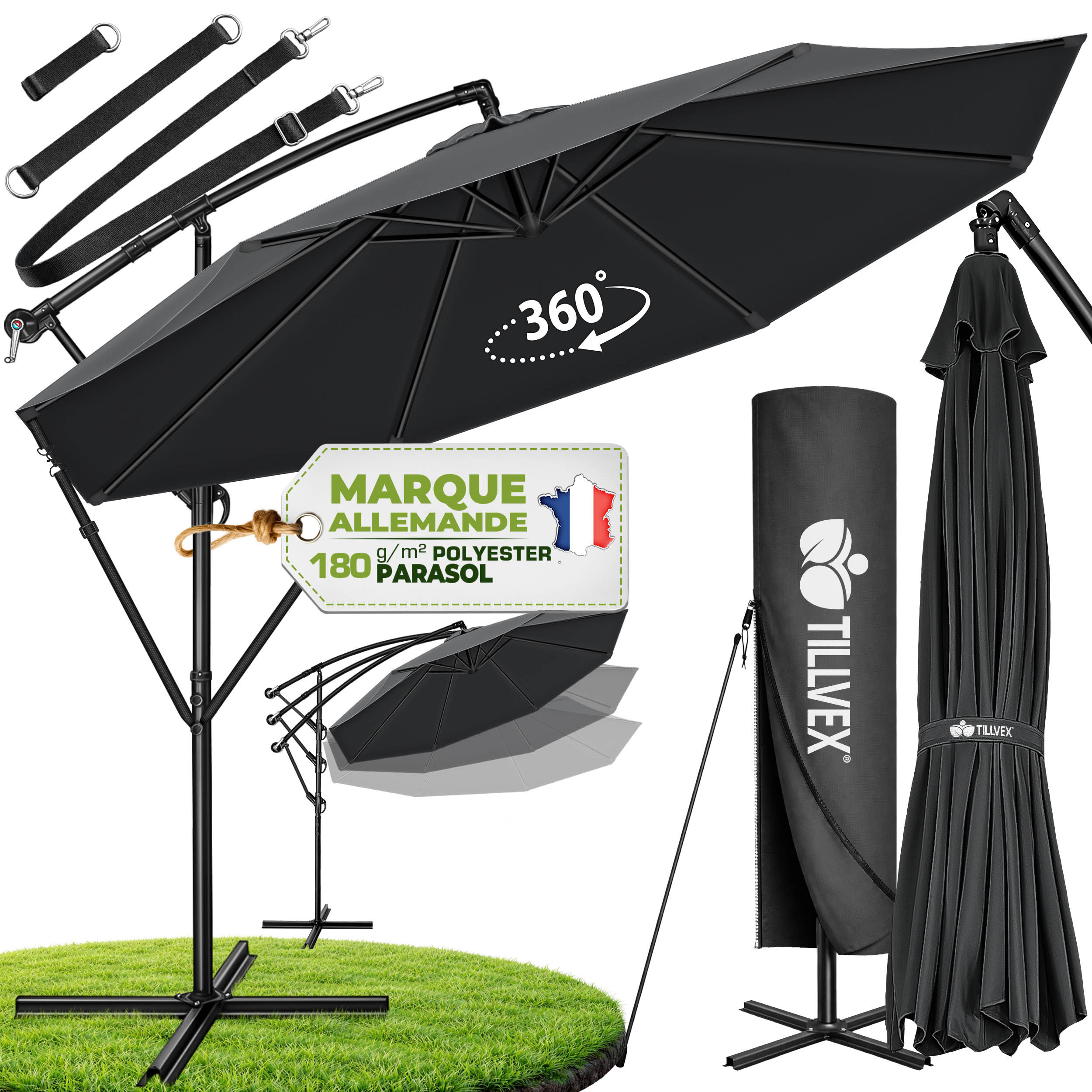 TEMU tillvex® Parasol aluminium + housse + brise-vent Ø 300 cm avec parasol déporté grand avec pied et brise-vent parasol de jardin protection UV