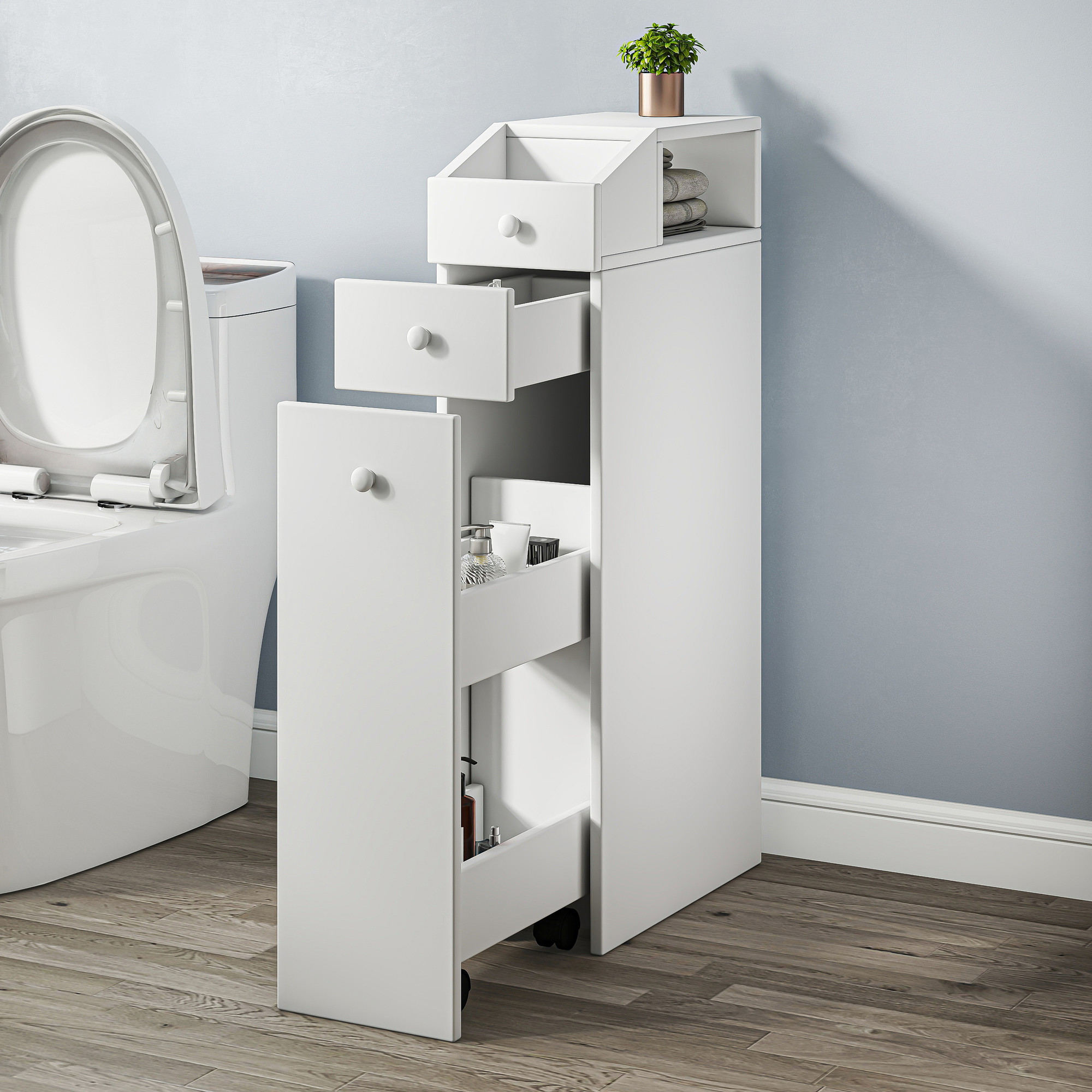 E-shop Schmaler Badezimmerschrank, Badschrank mit Ausziehbarer vertikaler Schrank, Mit Rädern, Beistellschrank Mit 2 offenen Staufächern und Schublade,