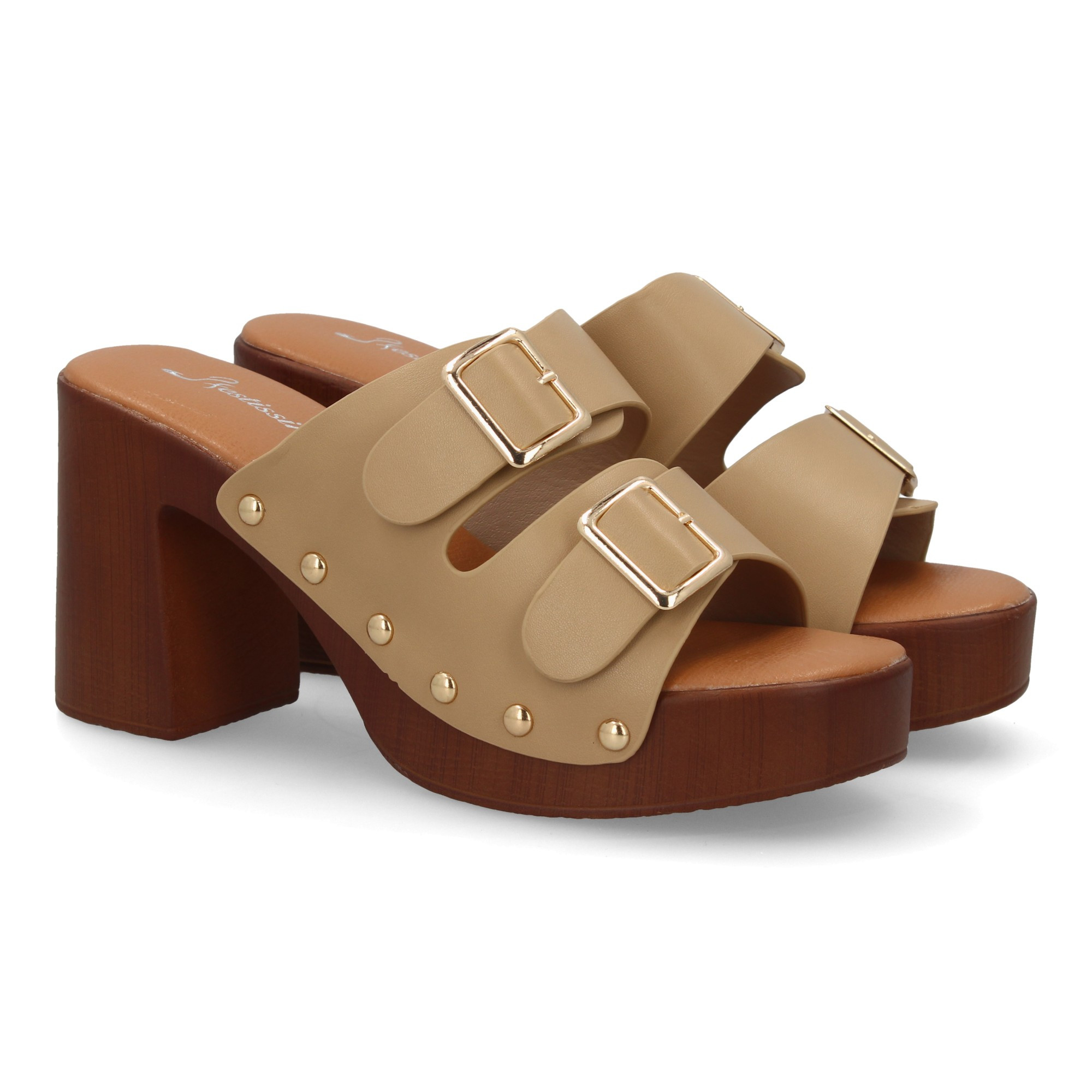 Image of Women's Platform Wood-style Clog Sandal With Wide Heel, Featuring And Metal Stud Design. A Comfortable And Lightweight Model For Spring Summer