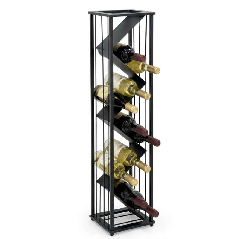 Image of Standing Wine Rack In Black Metal, Modern Floor Bottle Rack, Slim Wine Stand For Living Room, Decorative Bottle Holder, Elegant Wine Rack For Wine Bottles