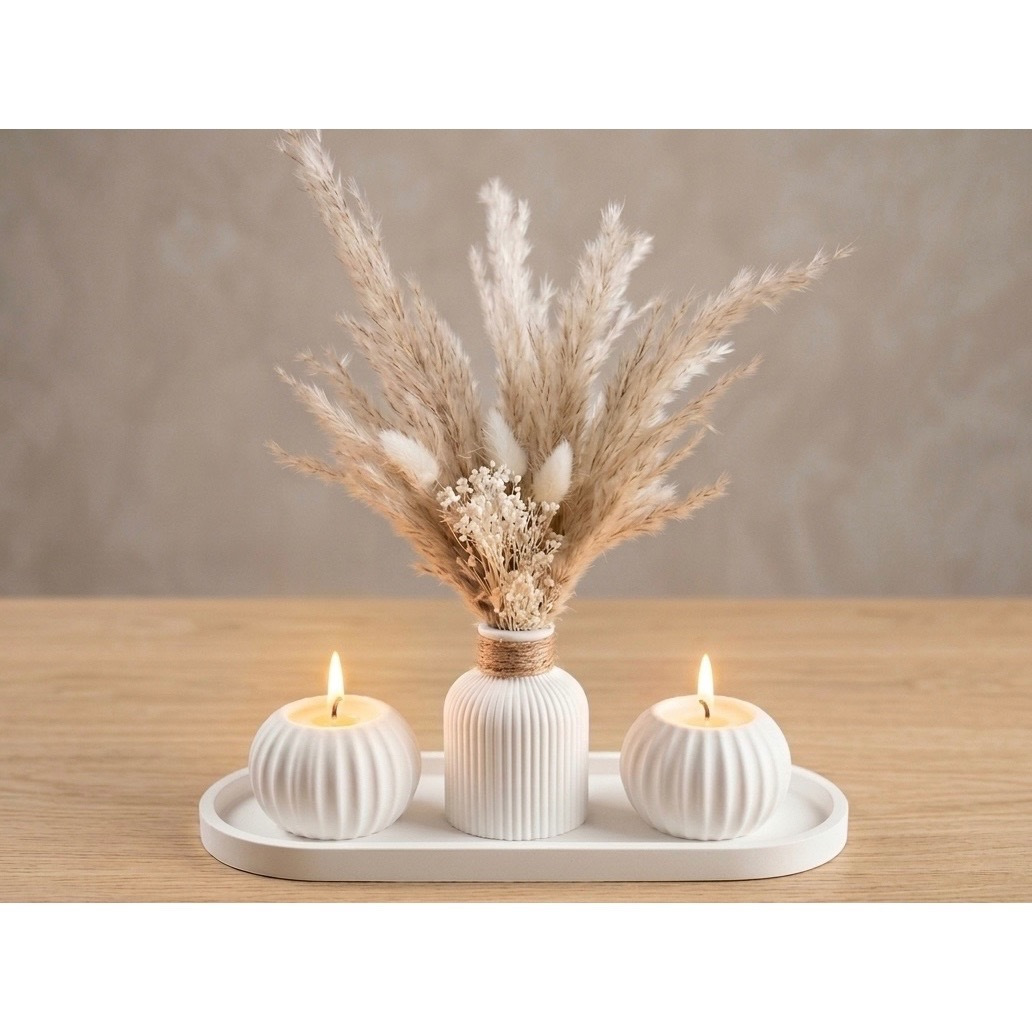 TEMU Handcrafted – Modern 4-piece Boho Decor Set In Ribbed Design – Boho Decor, Japandi , Dried Flower Set, Pampas Grass Vase, White Candle Holder,