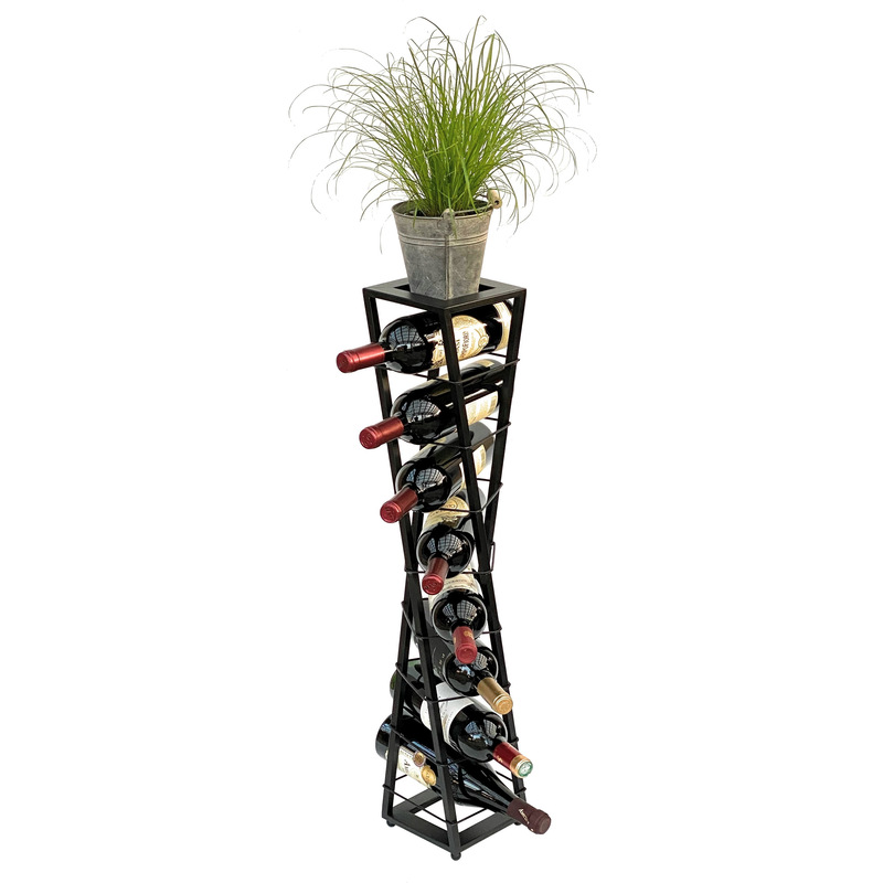 Image of Combined Wine Rack And Flower Stand, Black Metal, Freestanding Bottle Holder For Bottles, Bottle Shelf, Flower Column