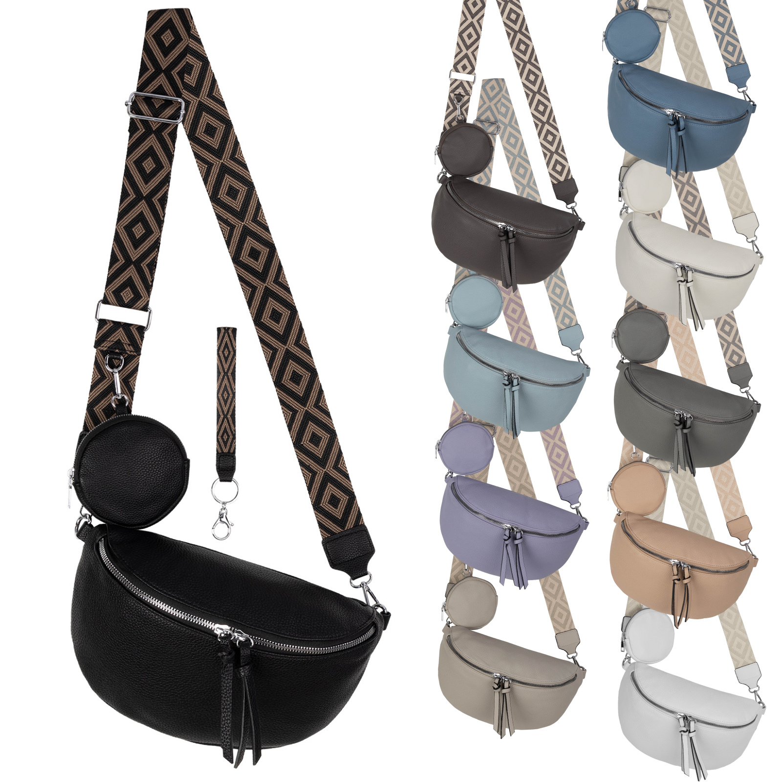 Image of Men's Xl 30x18x10cm Crossbody Bag Hip Bag Artificial Leather Italy Design With Double Zipper Adjustable Shoulder Strap Small Utility Bag & Keychain Colors
