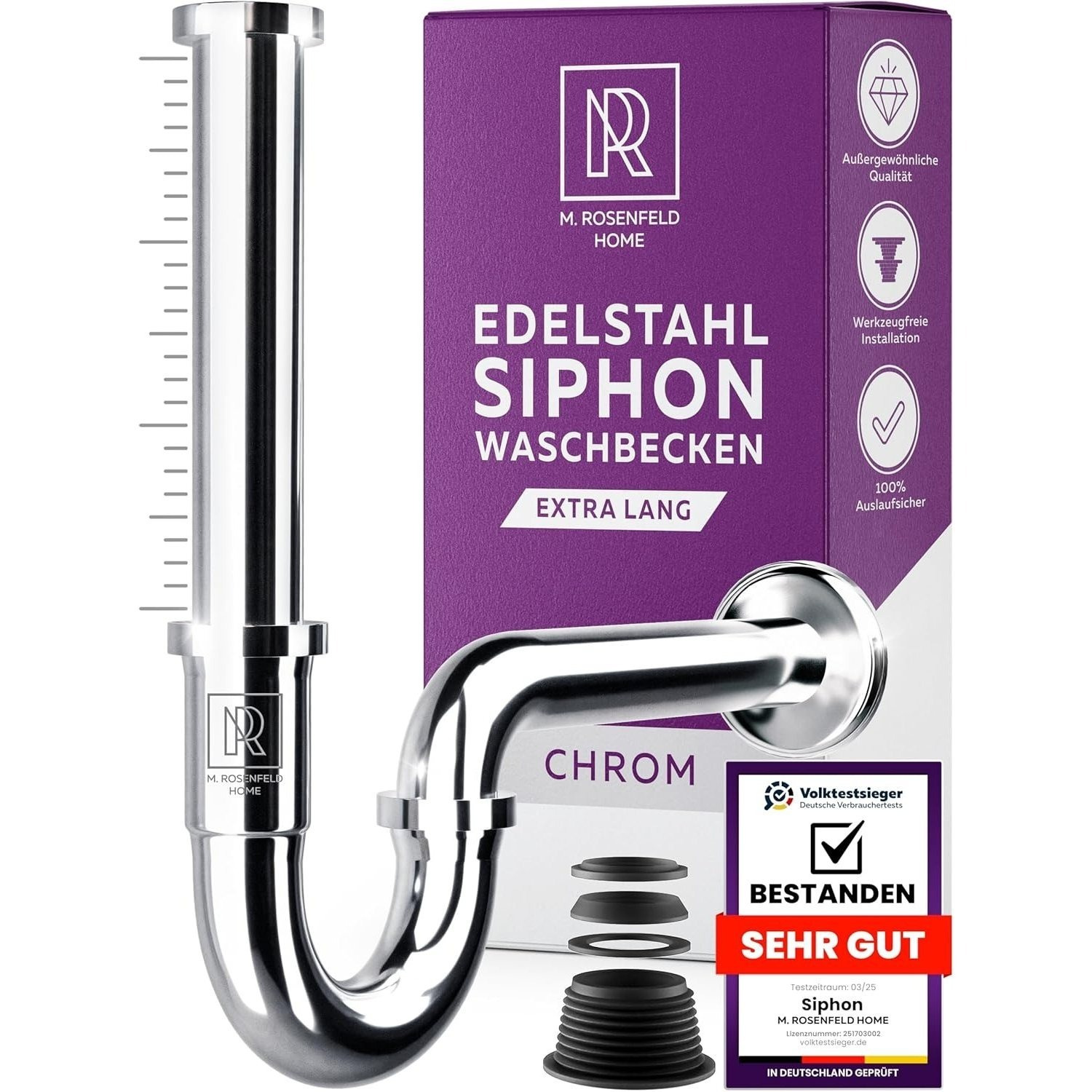 Image of Siphon Washbasin 1 1/4 Inch Size Xl Stainless Steel Odor Trap, Height Adjustable 165–185 Mm, Drain Pipe 225 Mm, Universal Bathroom Guest Toilet, Includes Seals And Rosette