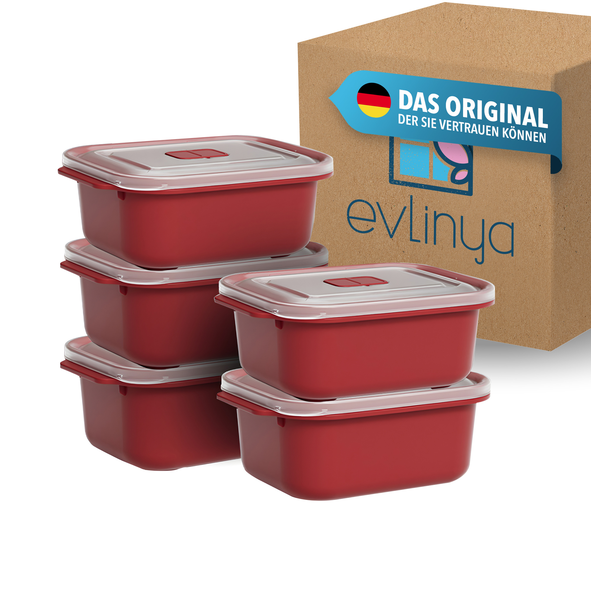 E-shop EVLINYA Heat’ Mikrowellenboxen 5er Set 500 ml Rot, Meal Prep Behälter mit Deckel und Klick-Dampfventil, stapelbare Lunchboxen zur Aufbewahrung