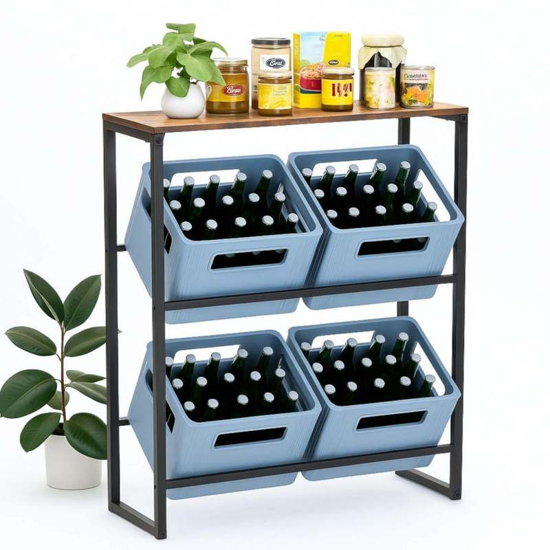 Black Beverage Crate Rack For 4 Crates With Wooden Shelf, Metal Crate Rack, Kitchen Drink Rack, Decorative Beverage Crate Holder For Pantry, Beer Crate Rack, Solid Storage Rack